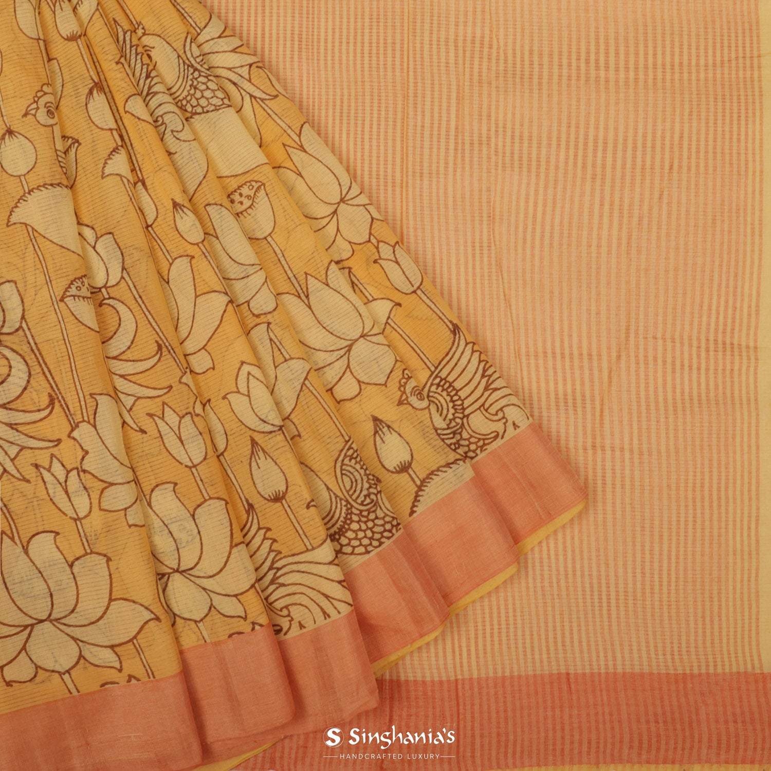 Pastel Yellow Printed Cotton Saree With Flora-Fauna Pattern