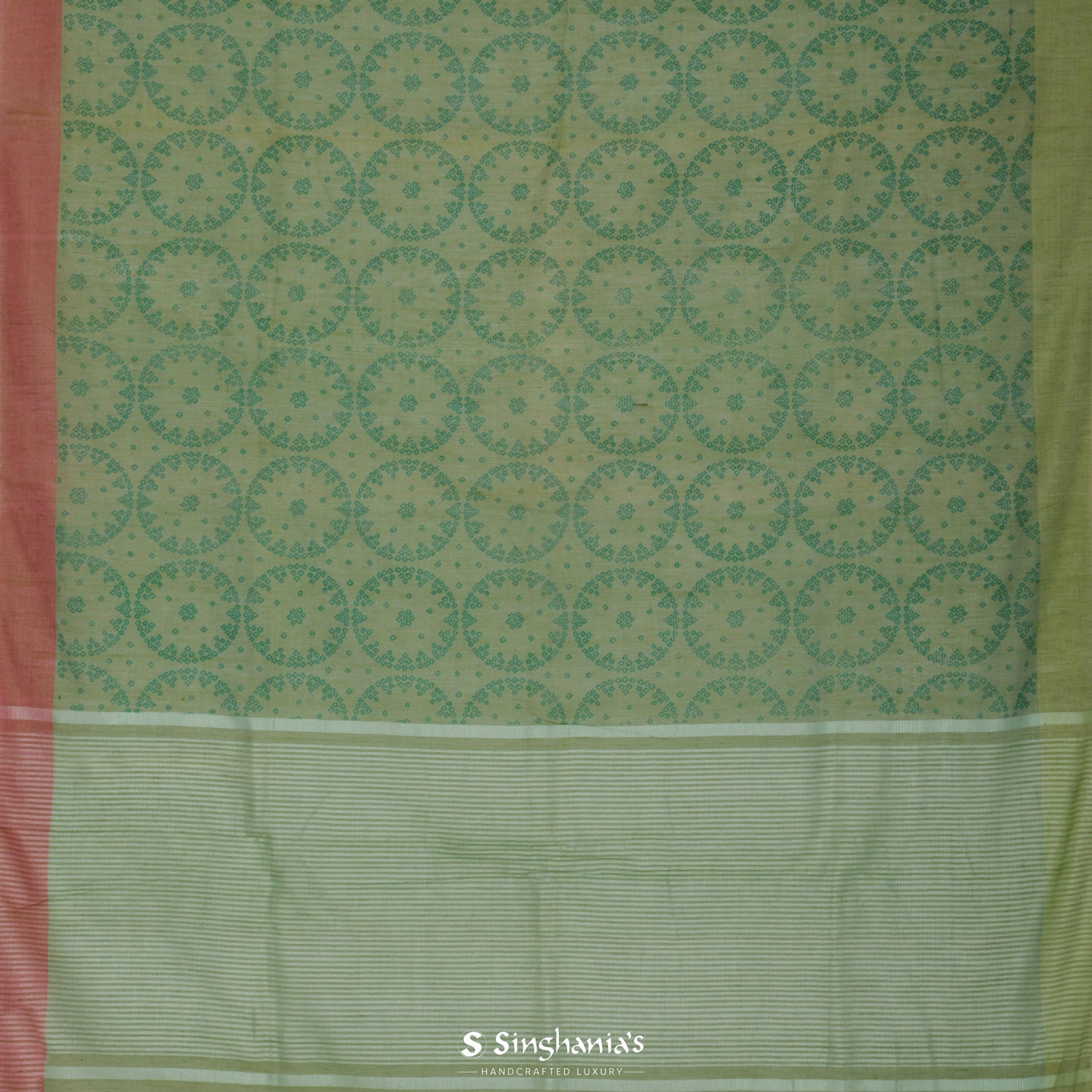 Sage Green Printed Cotton Saree With Bandhini Pattern