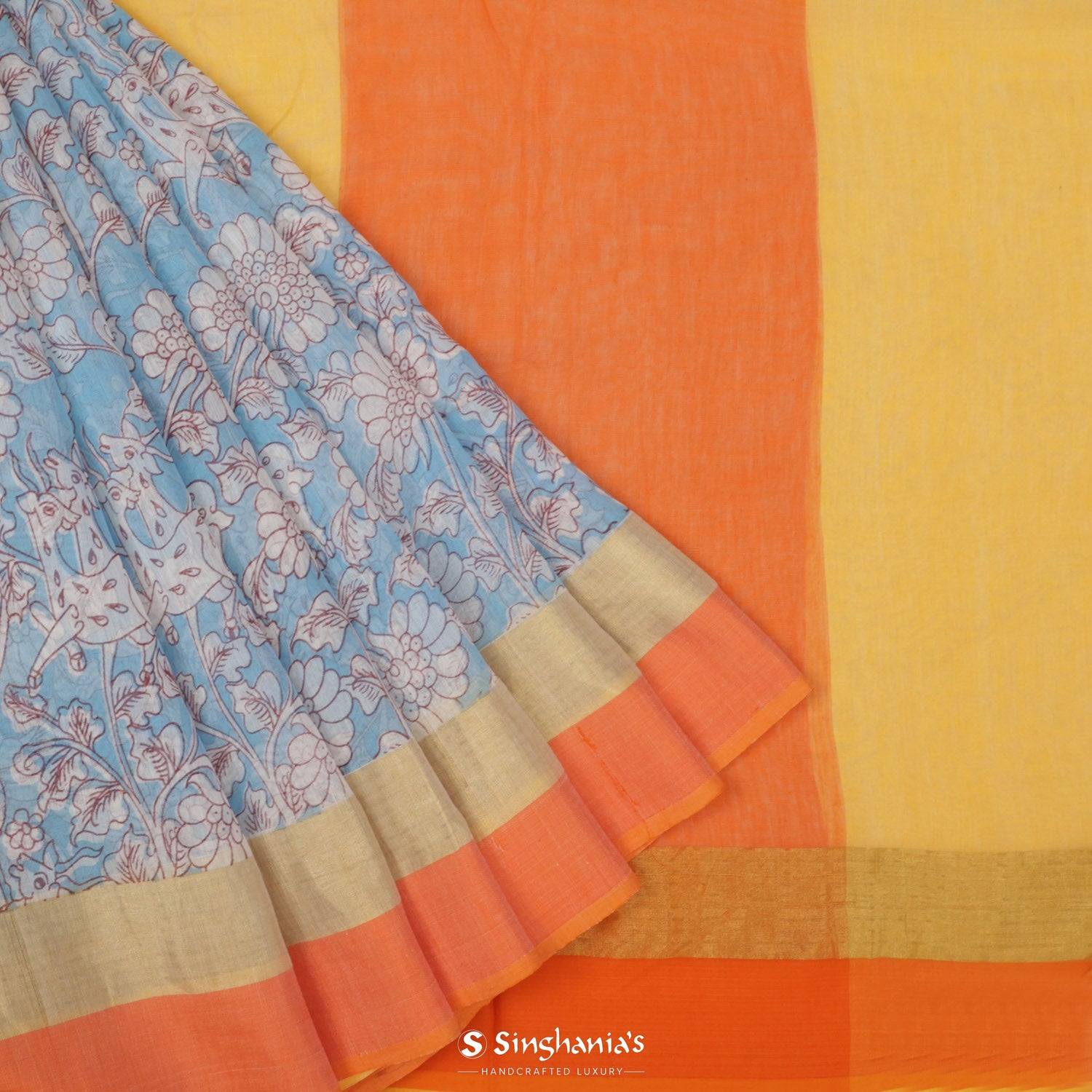 Baby Blue Cotton Saree With Printed Flora-Fauna-Inspired Design