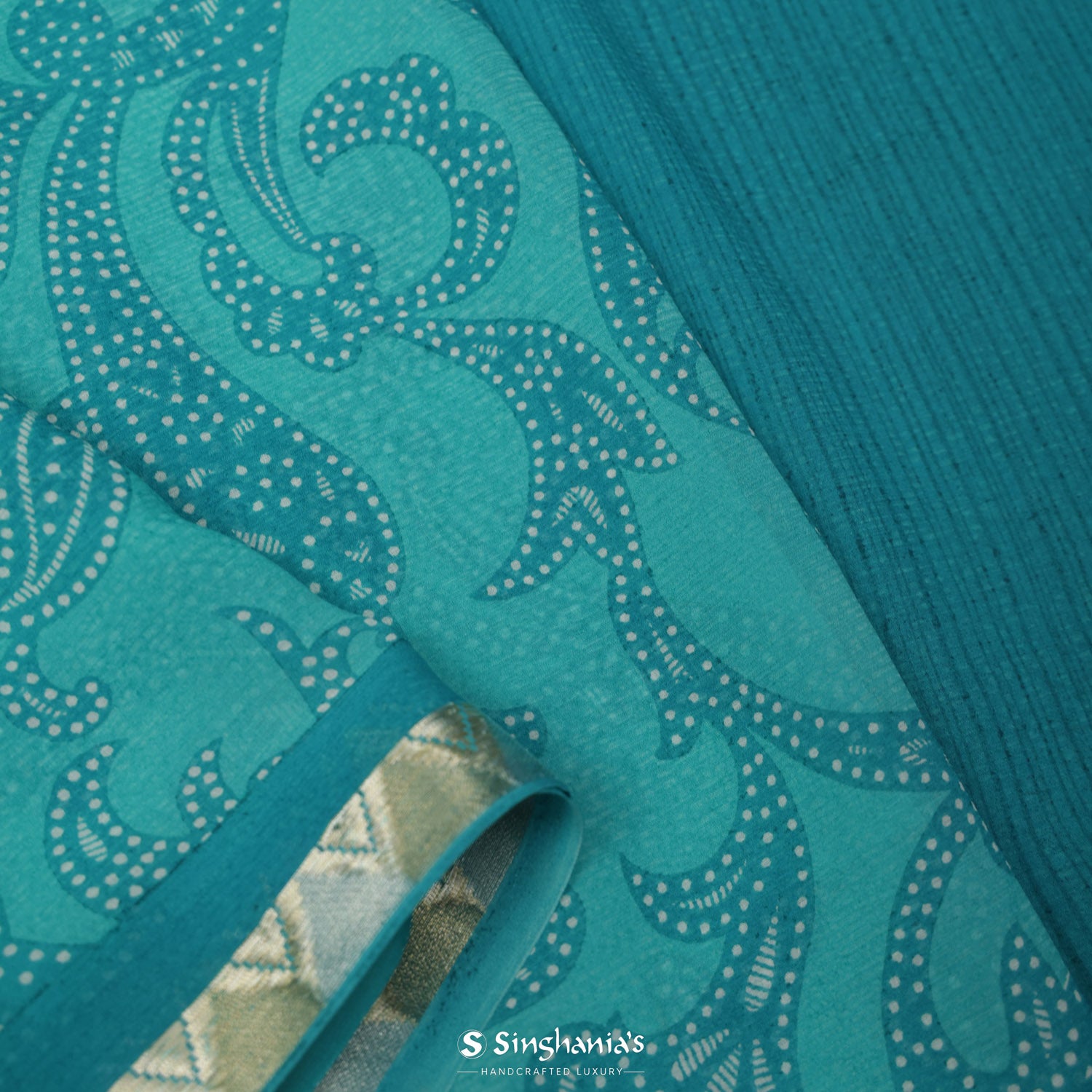 Electric Blue Printed Chiffon Saree With Paisley Pattern