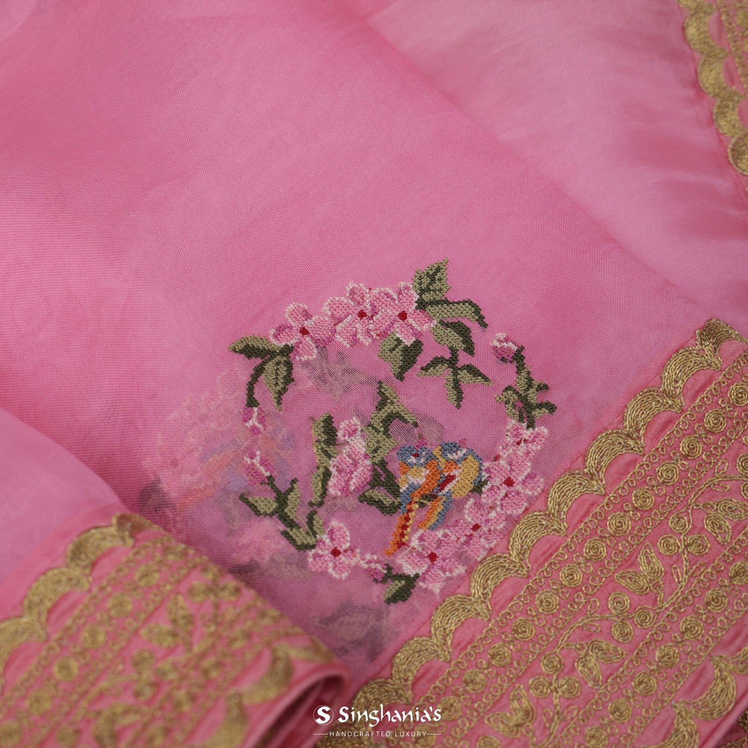 Carnation Pink Organza Saree With Hand Embroidery