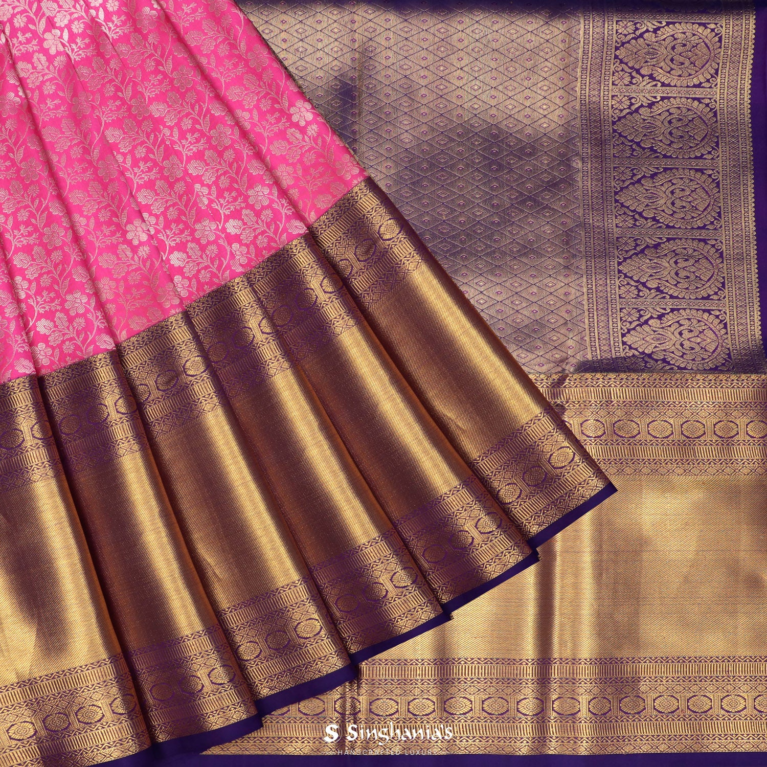 Dark Pink Kanjivaram Saree With Floral Jaal Pattern