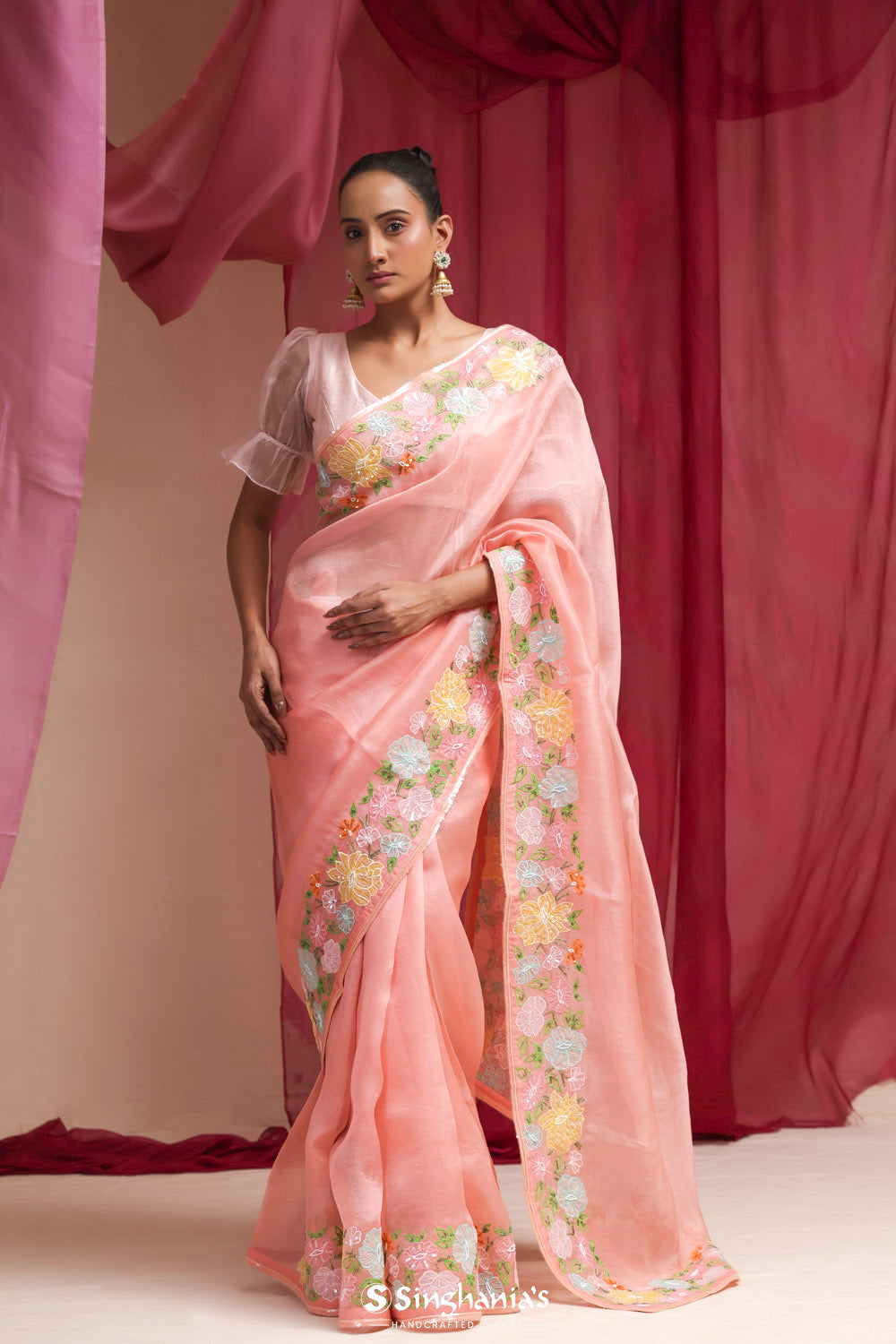 Bright Peach Organza Designer Saree With Floral Embroidery