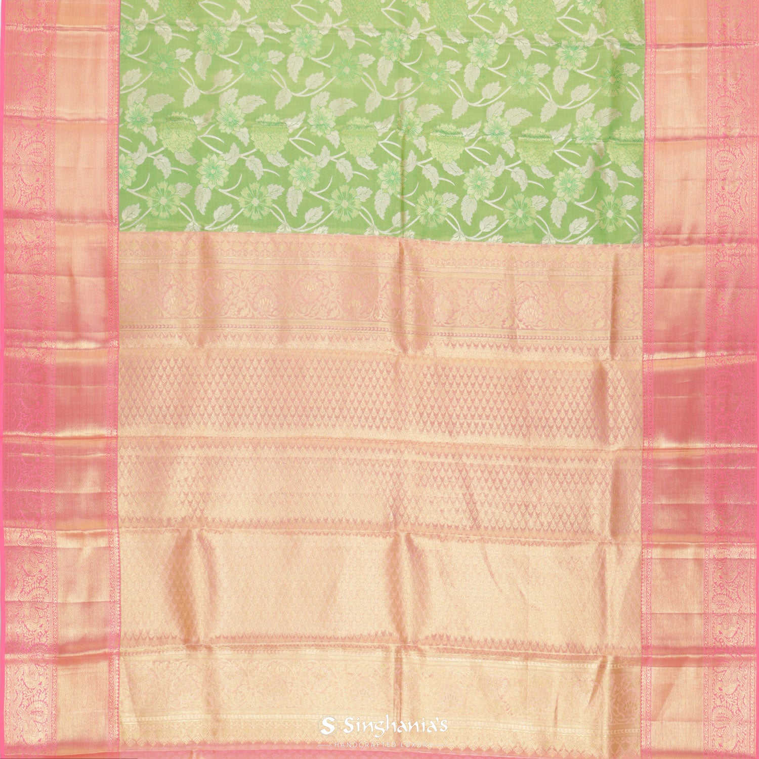 Bright Yellow-Green Kanchi Saree With Floral Jaal Pattern