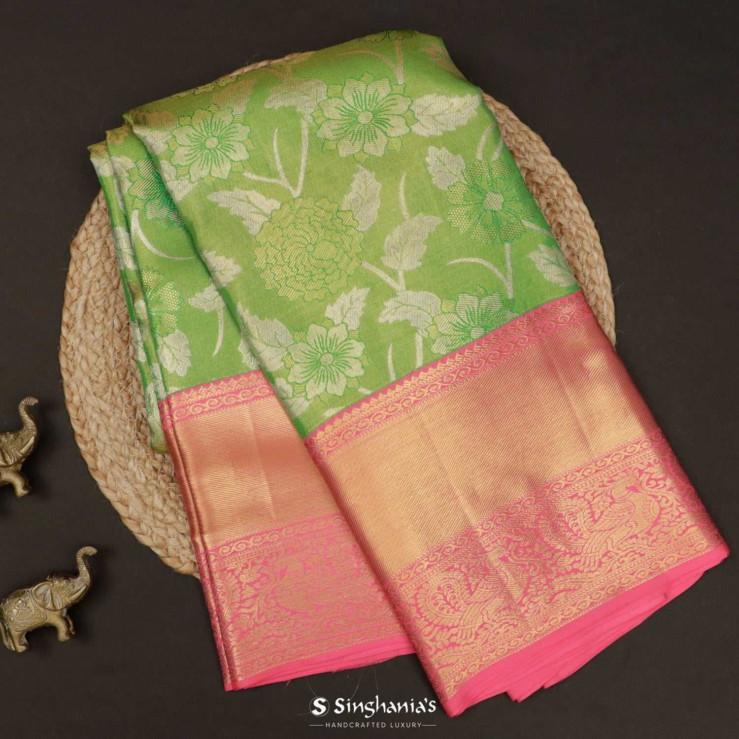 Bright Yellow-Green Kanchi Saree With Floral Jaal Pattern
