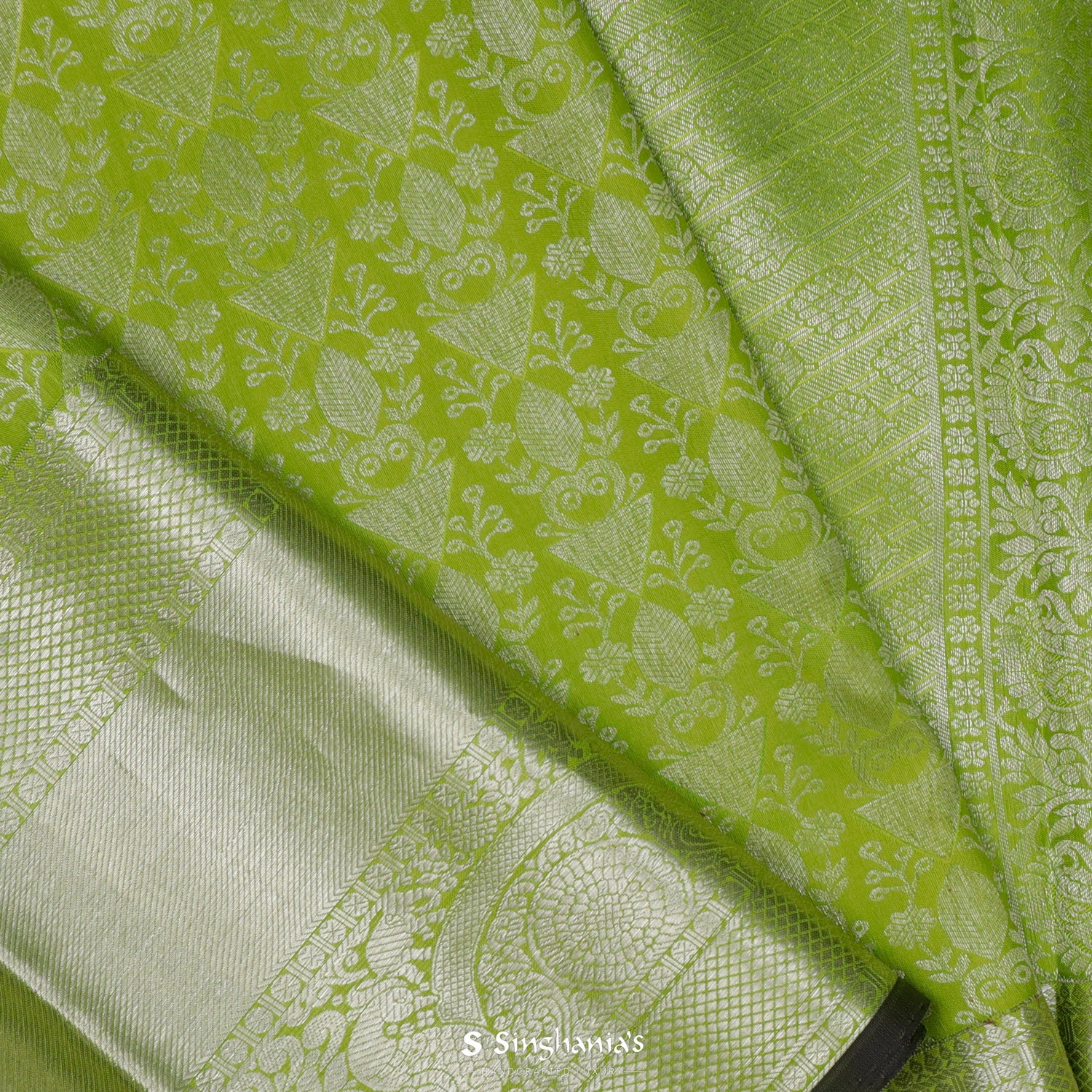 Neon Green Kanjivaram Silk Saree With Floral Jaal Pattern