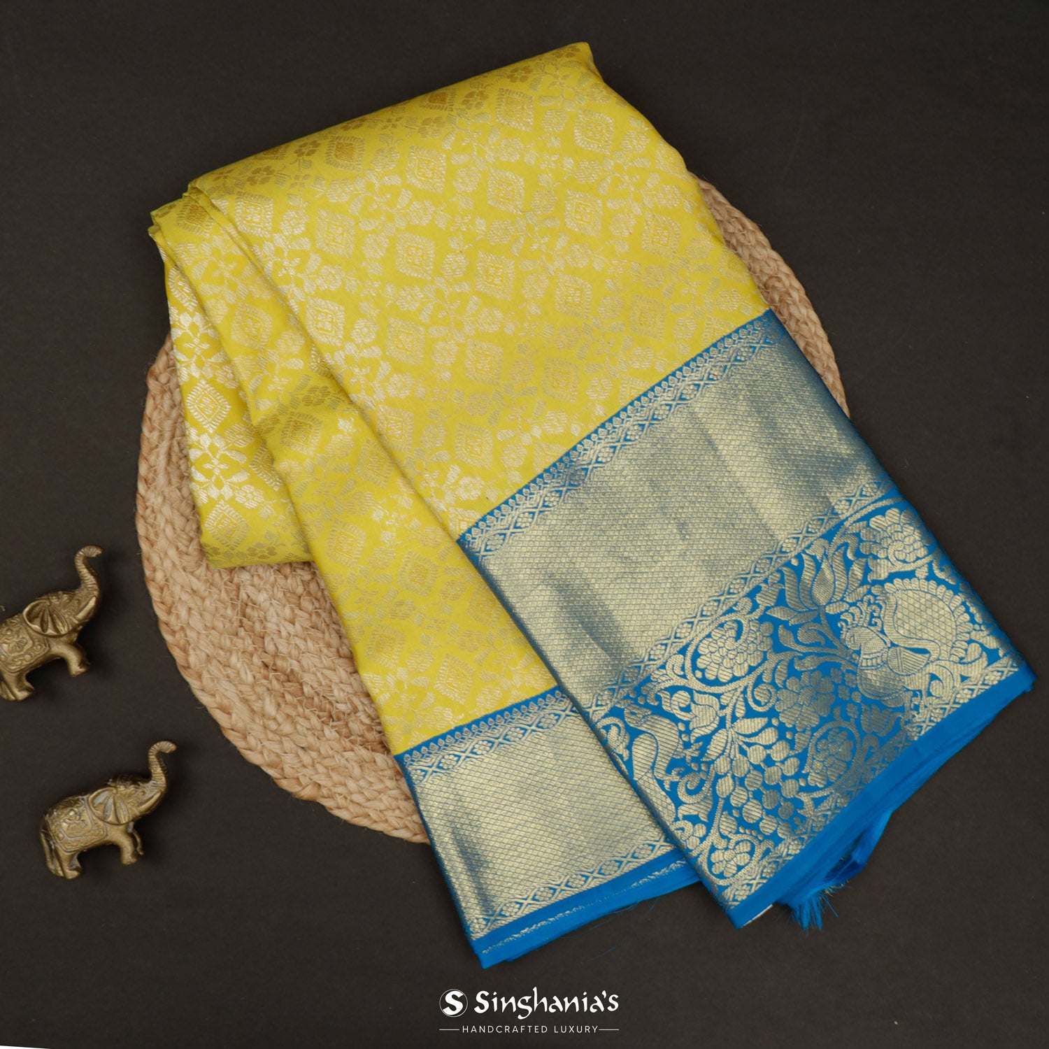 Dandelion Yellow Kanchi Saree With Floral Jaal Pattern
