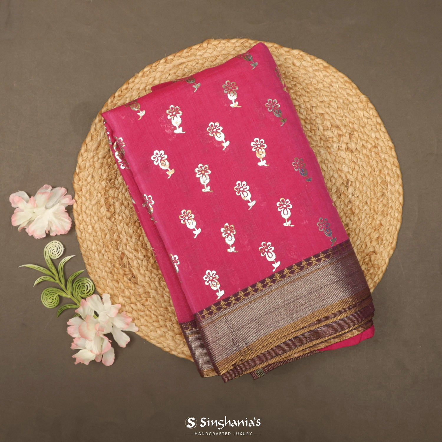 Dark Pink Cotton Saree With Floral Foil Print