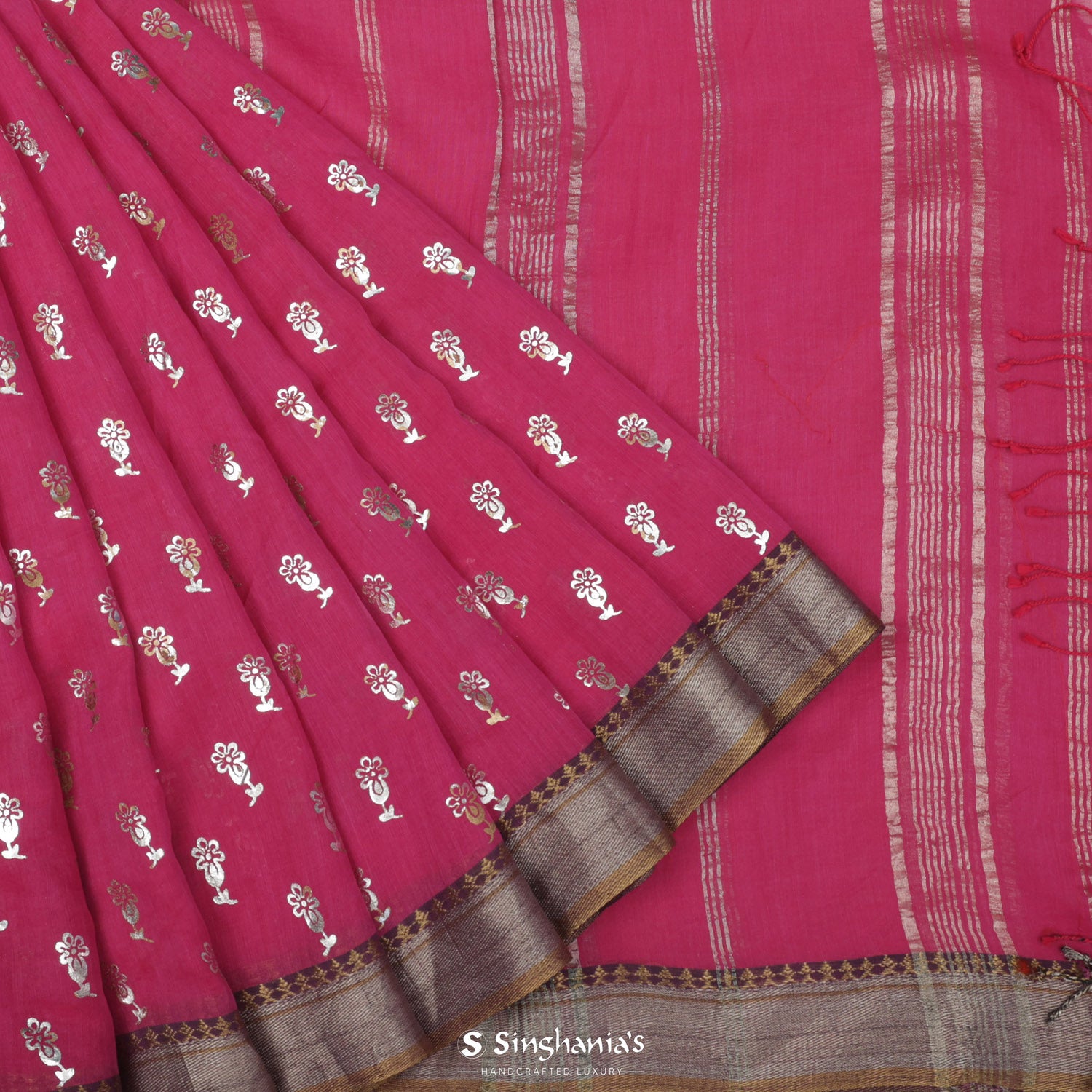 Dark Pink Cotton Saree With Floral Foil Print