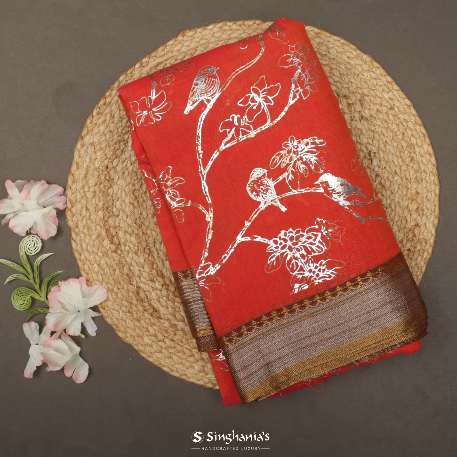 Red Cotton Saree With Flora-Fauna Foil Printed Design