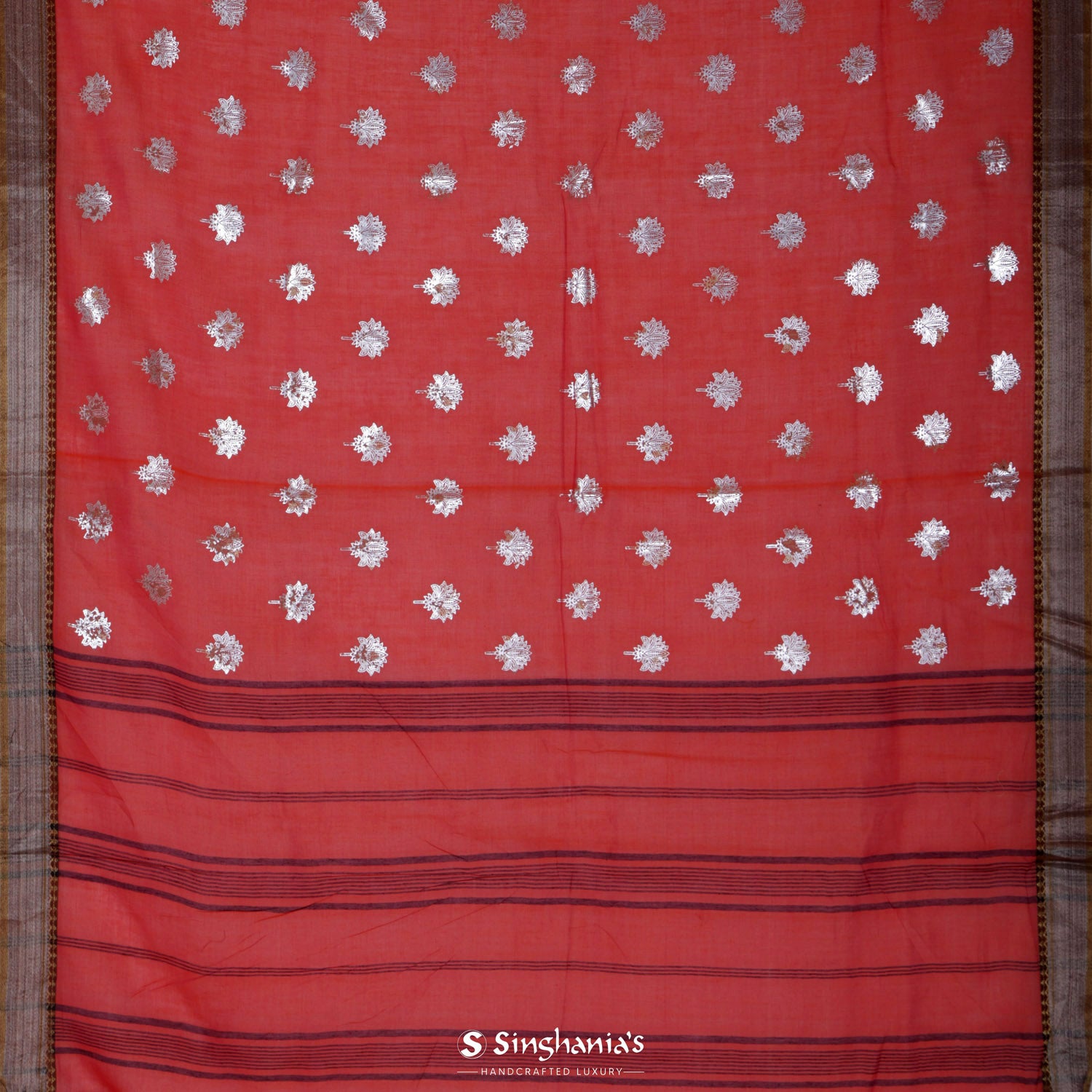 Persian Red Cotton Saree With Foil Print Pattern