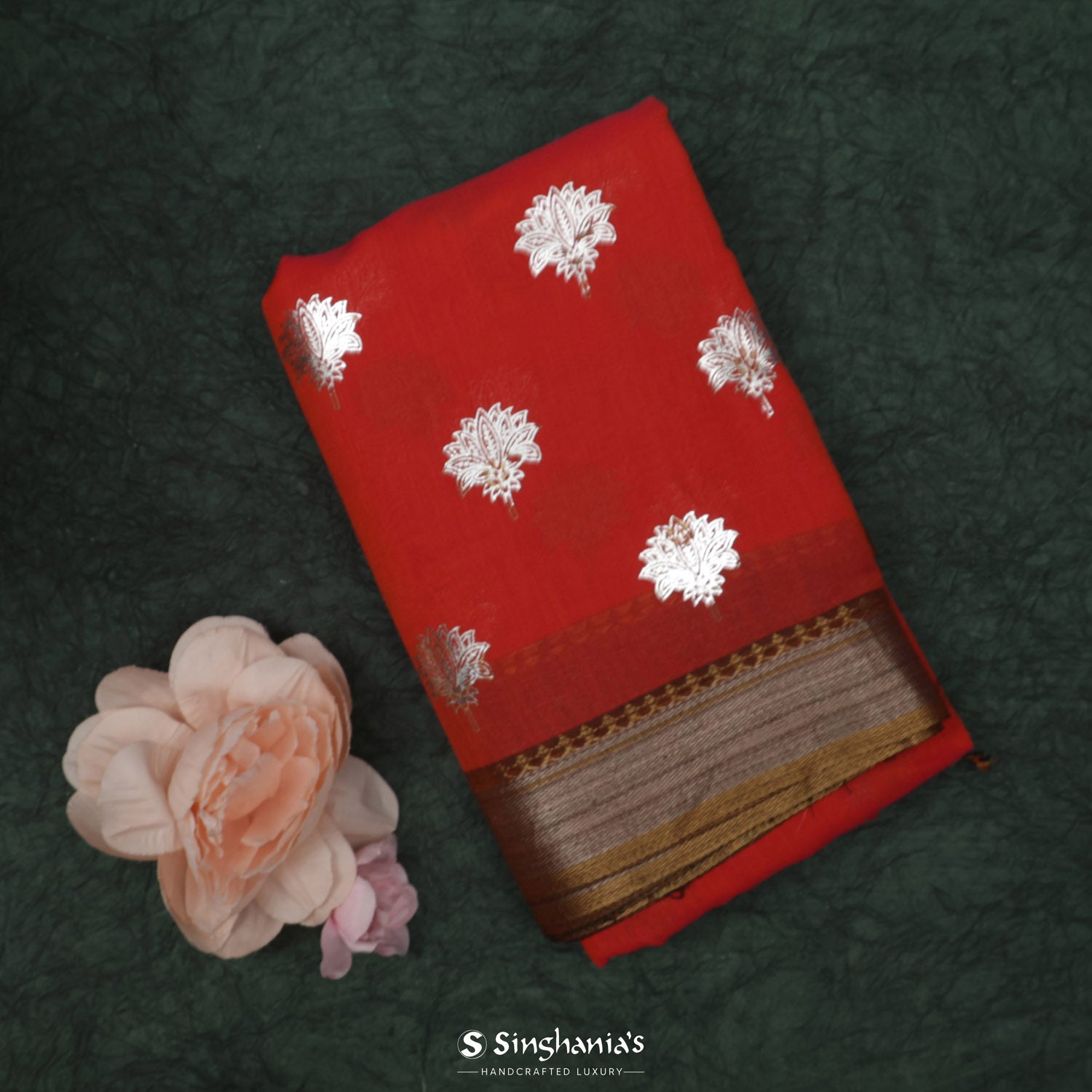 Persian Red Cotton Saree With Foil Print Pattern