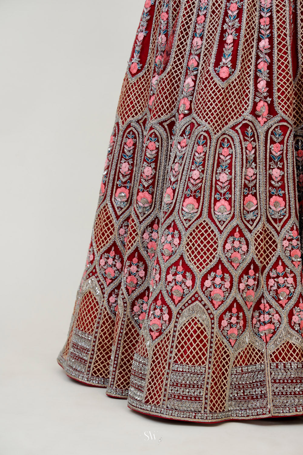 Dark Red Raw Silk Lehenga Set With Embroidery Detailing