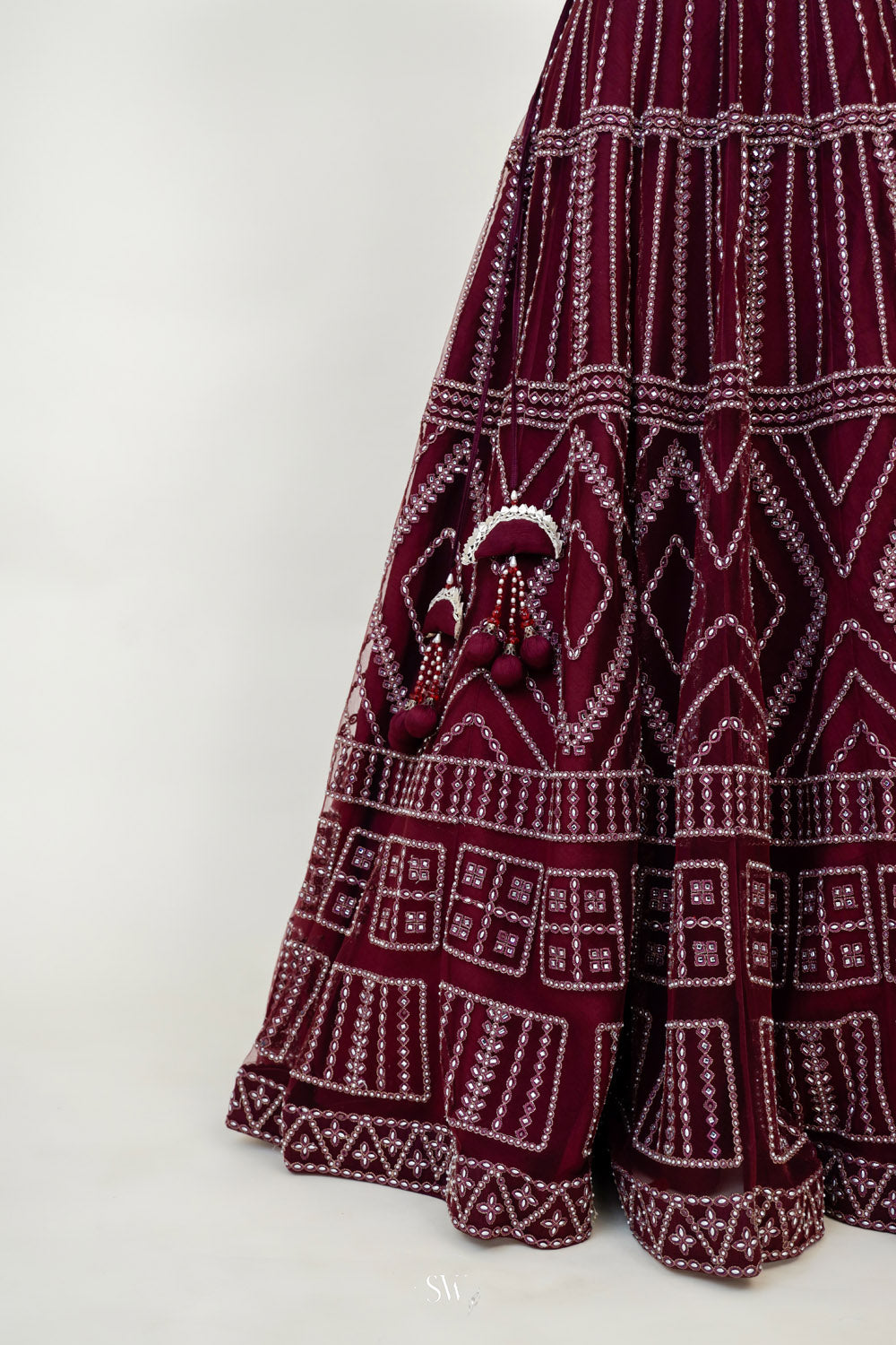 Dark Maroon Raw Silk Lehenga Set With Embroidery Detailing