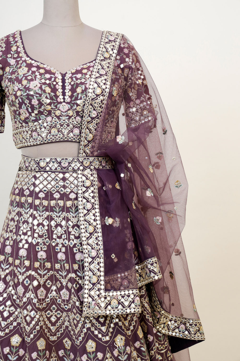 Dark Purple Raw Silk Lehenga Set With Embroidery Detailing