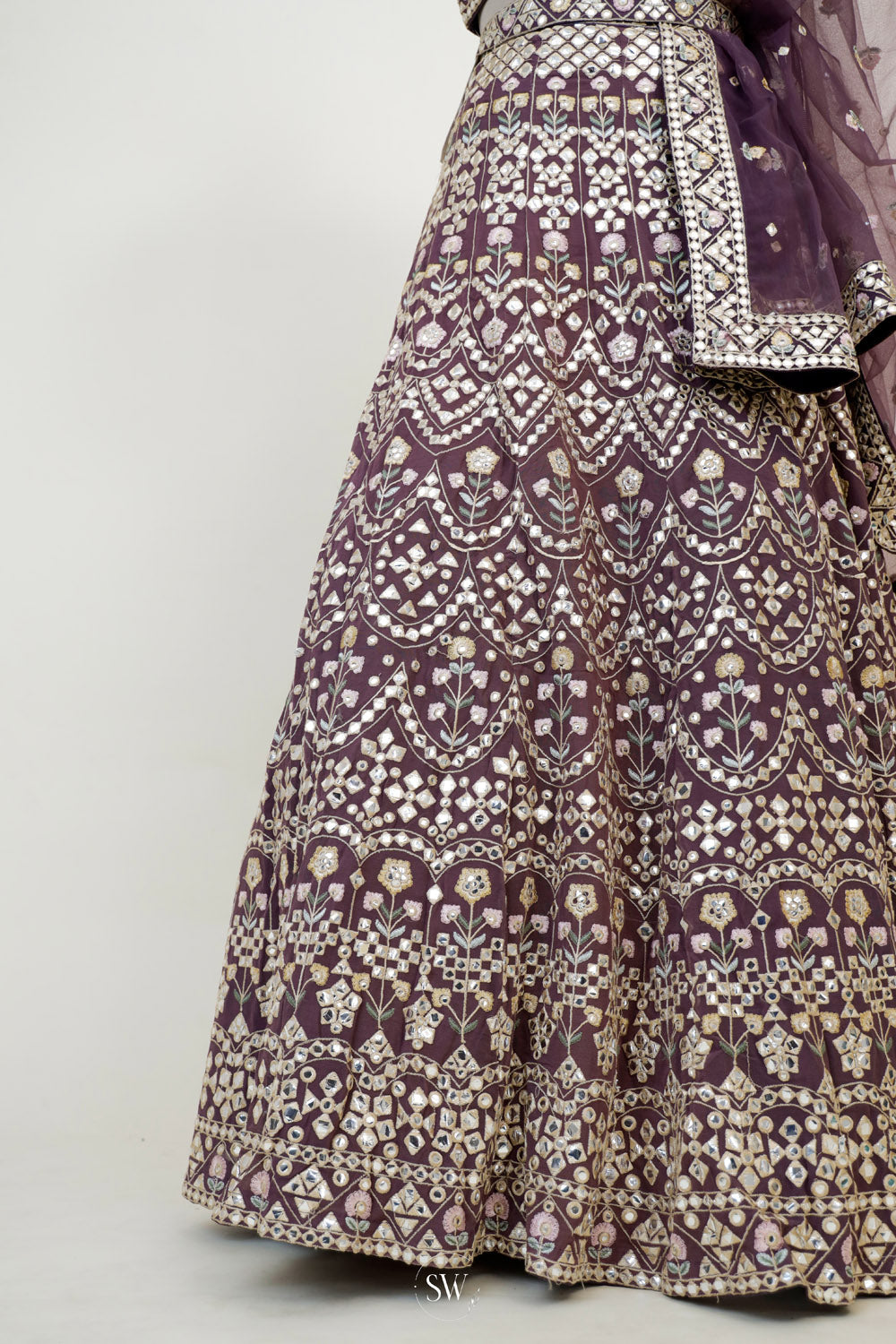 Dark Purple Raw Silk Lehenga Set With Embroidery Detailing