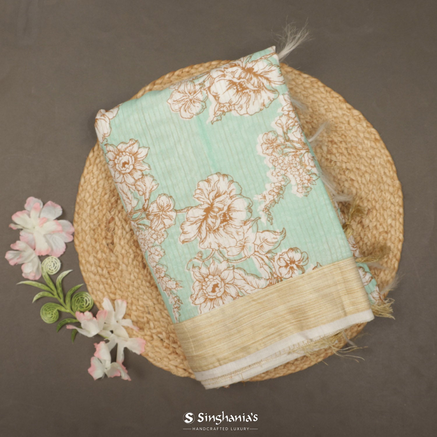 Pastel Mint-Green Printed Cotton Saree With Floral Pattern