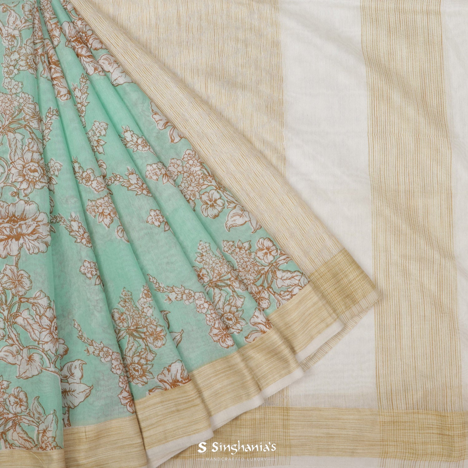 Pastel Mint-Green Printed Cotton Saree With Floral Pattern