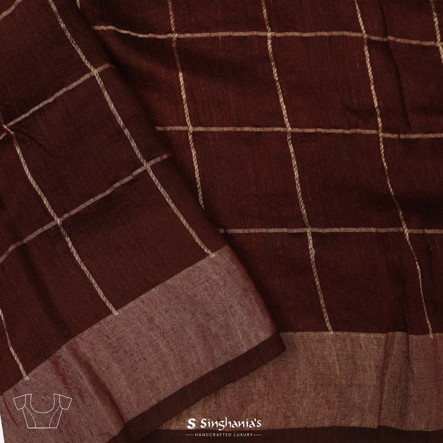 French Beige Brown Ajrakh Print Matka Silk Saree On Checks Pattern