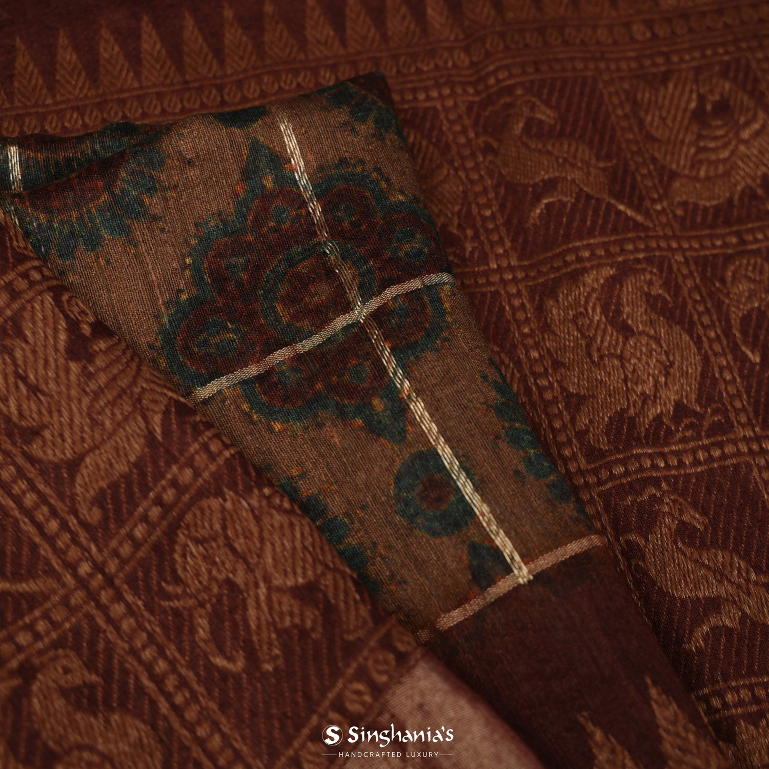 French Beige Brown Ajrakh Print Matka Silk Saree On Checks Pattern