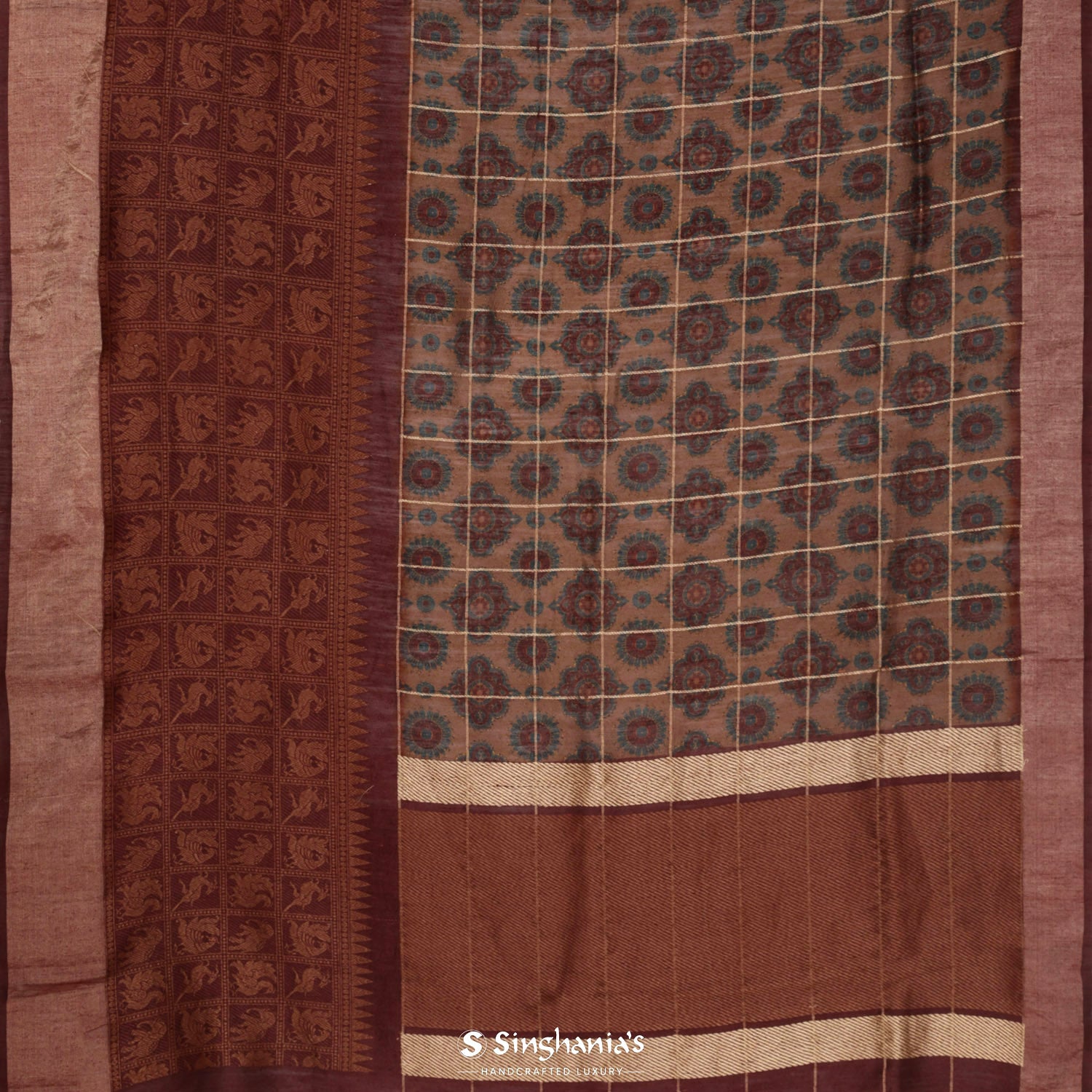 French Beige Brown Ajrakh Print Matka Silk Saree On Checks Pattern