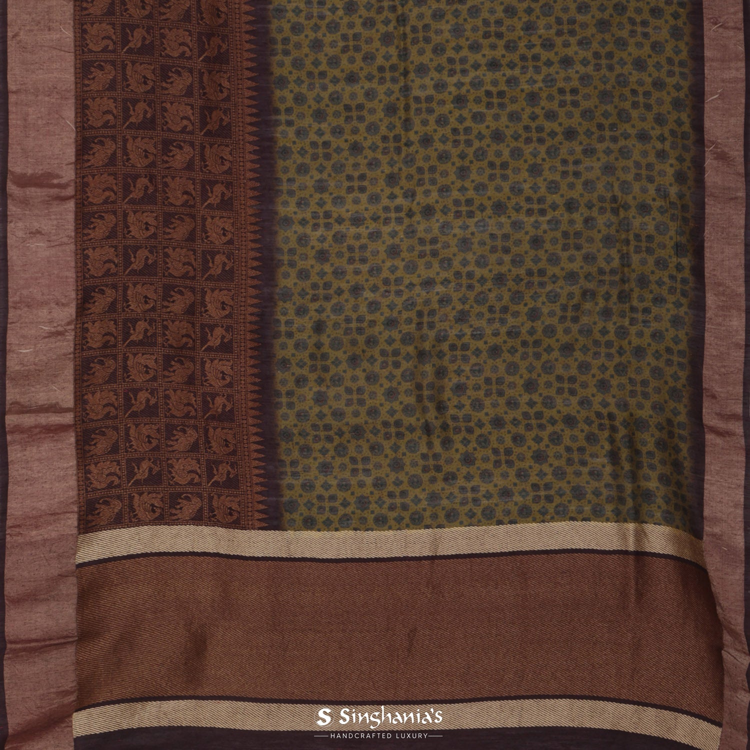 Camouflage Yellow Matka Silk Saree With Printed Floral Pattern