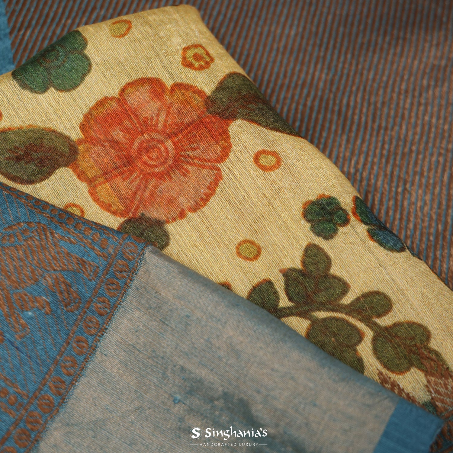 Transparent Yellow Printed Matka Silk Saree With Floral Pattern Has Big Border