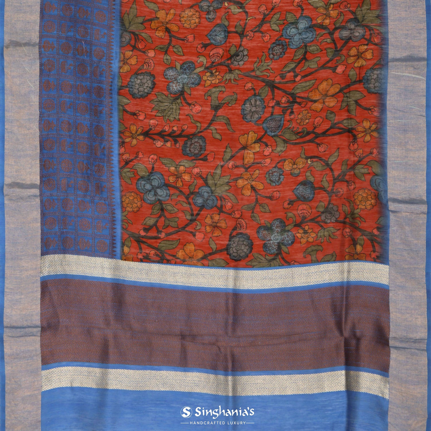 Deep Maroon Printed Matka Saree With Inspired Kalamkari Pattern