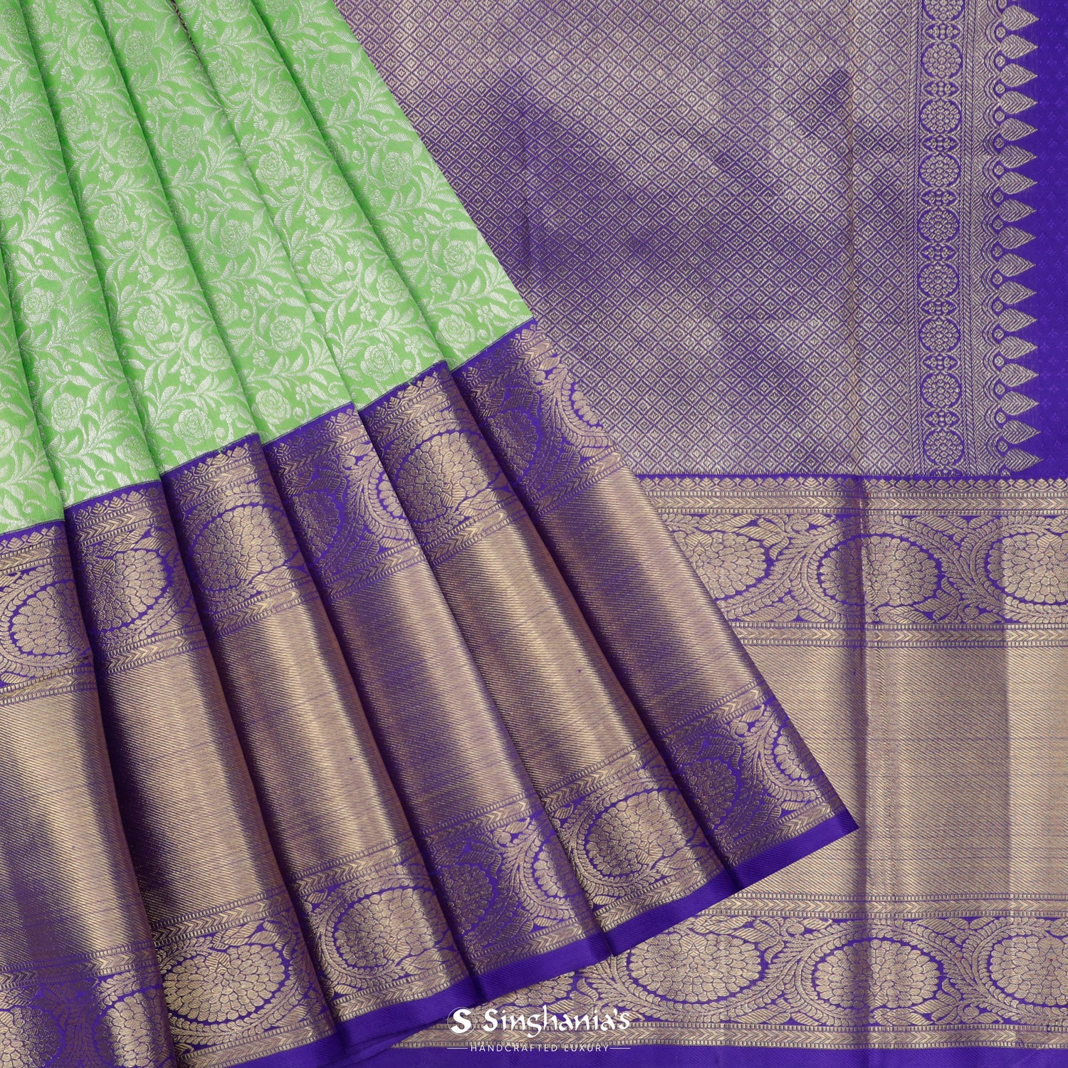 Dark Mint Green Kanchi Saree With Floral Jaal Pattern