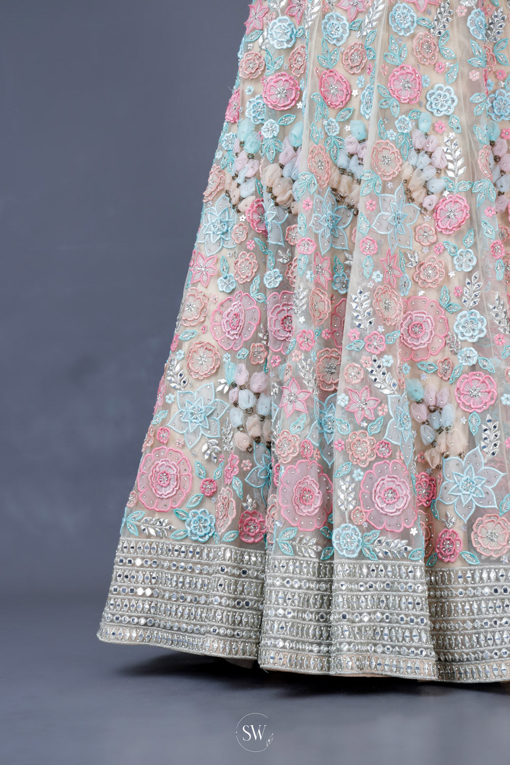 Ivory White Net Lehenga Set With Embroidery Detailing