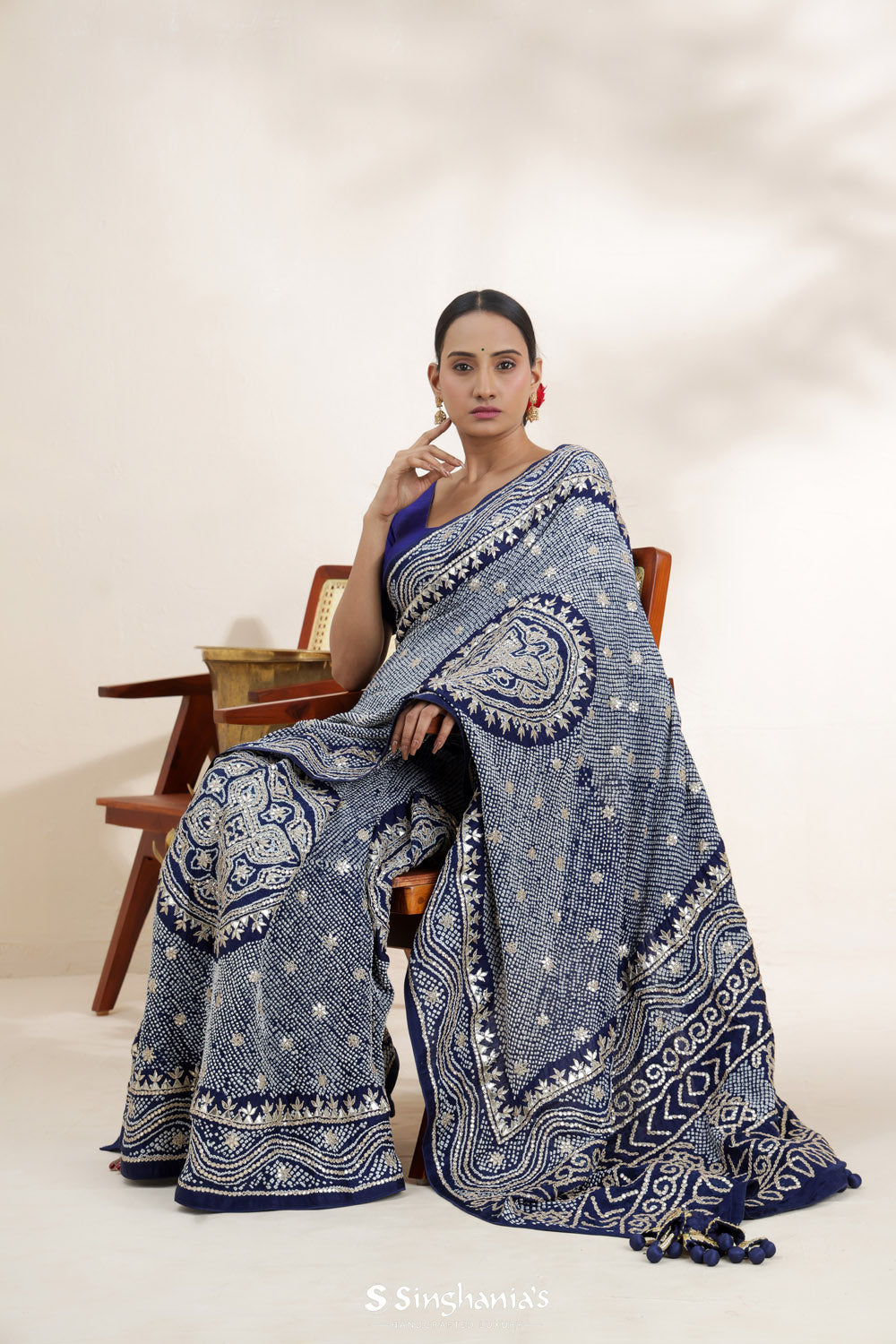 Deep Blue Bandhani Satin Silk Saree With Gota Pati Embroidery