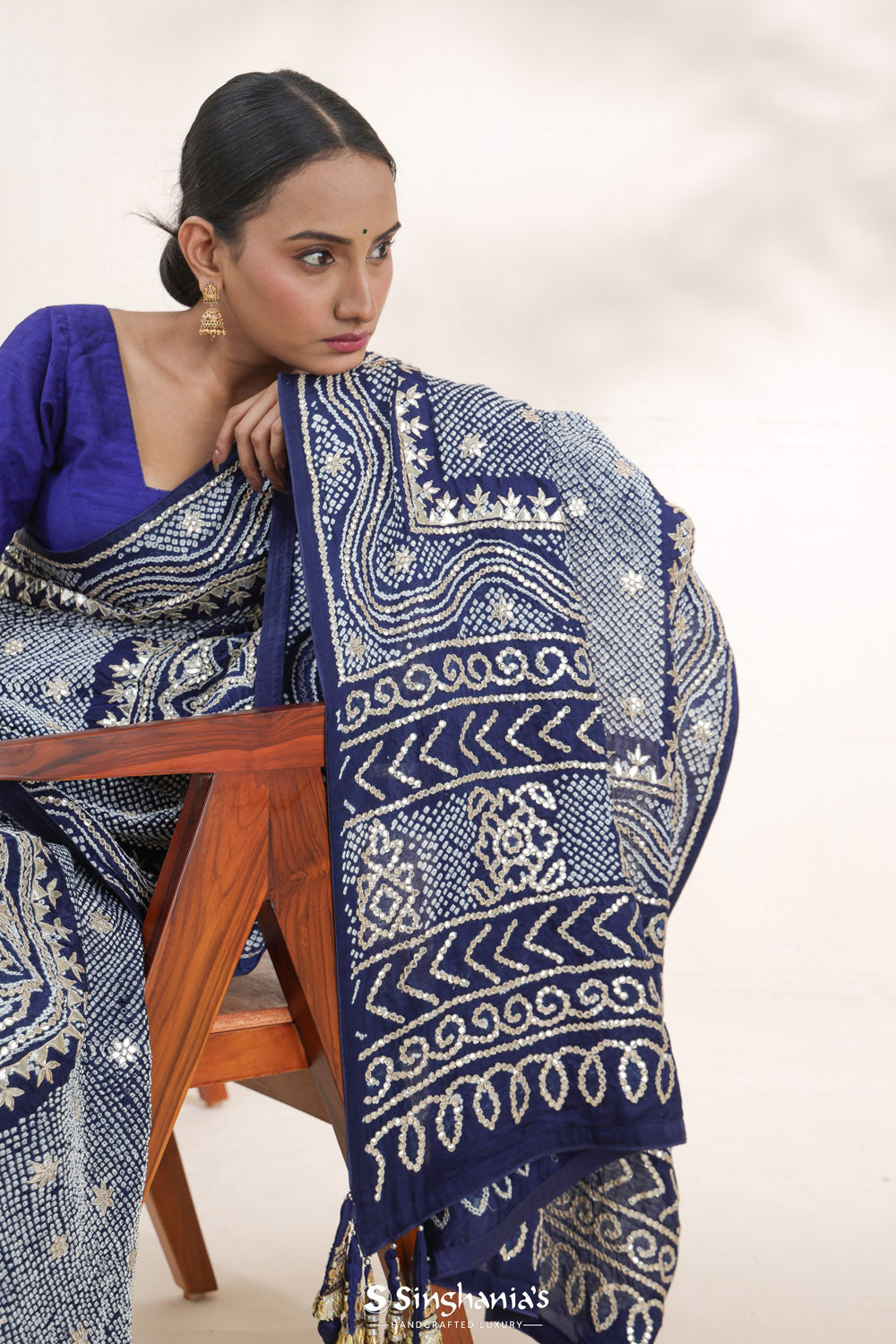 Deep Blue Bandhani Satin Silk Saree With Gota Pati Embroidery