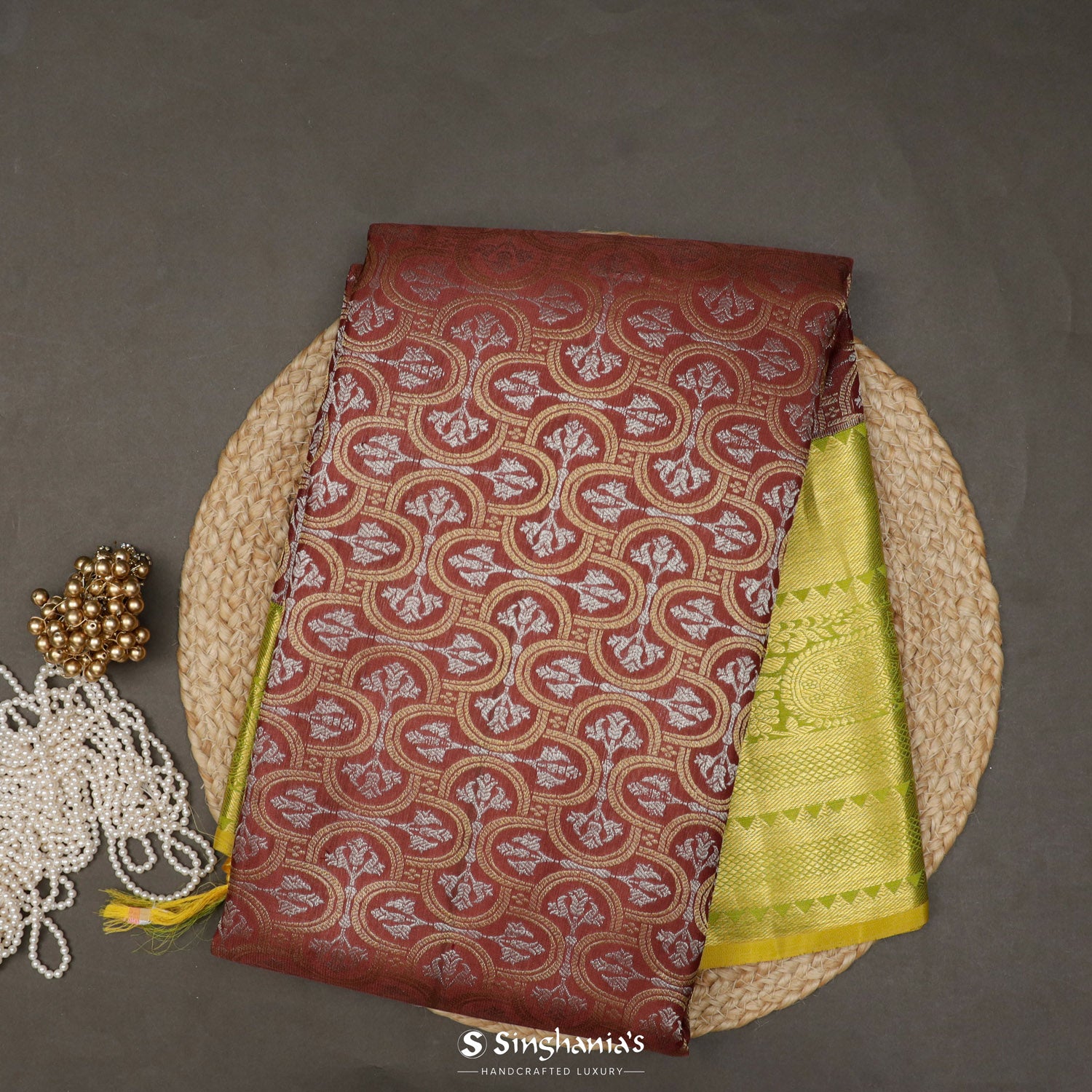 Chocolate Brown Kanjivaram Silk Saree With Floral Jaal Pattern