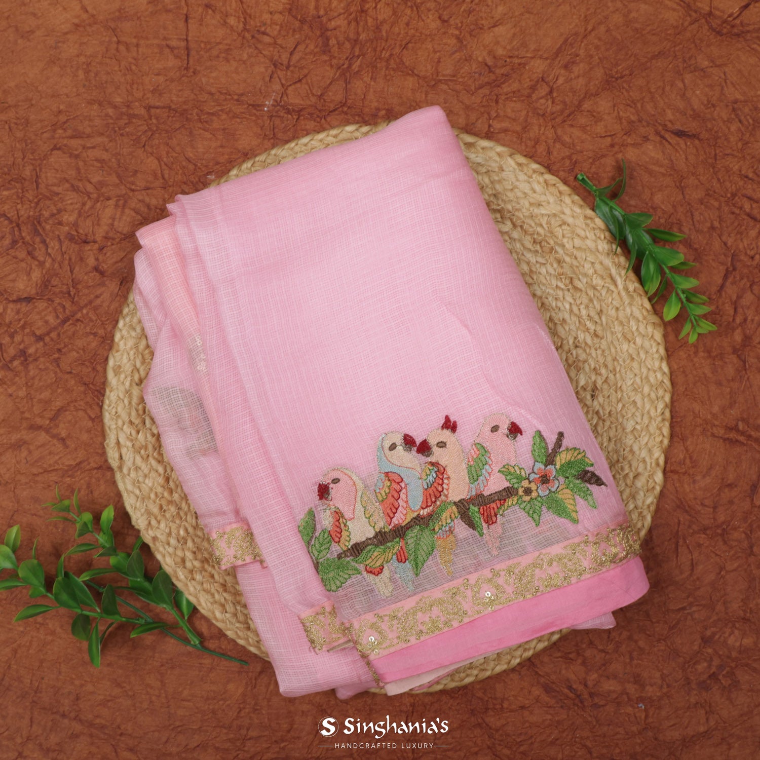 Bright Pink Kota Silk Saree With Thread Embroidery