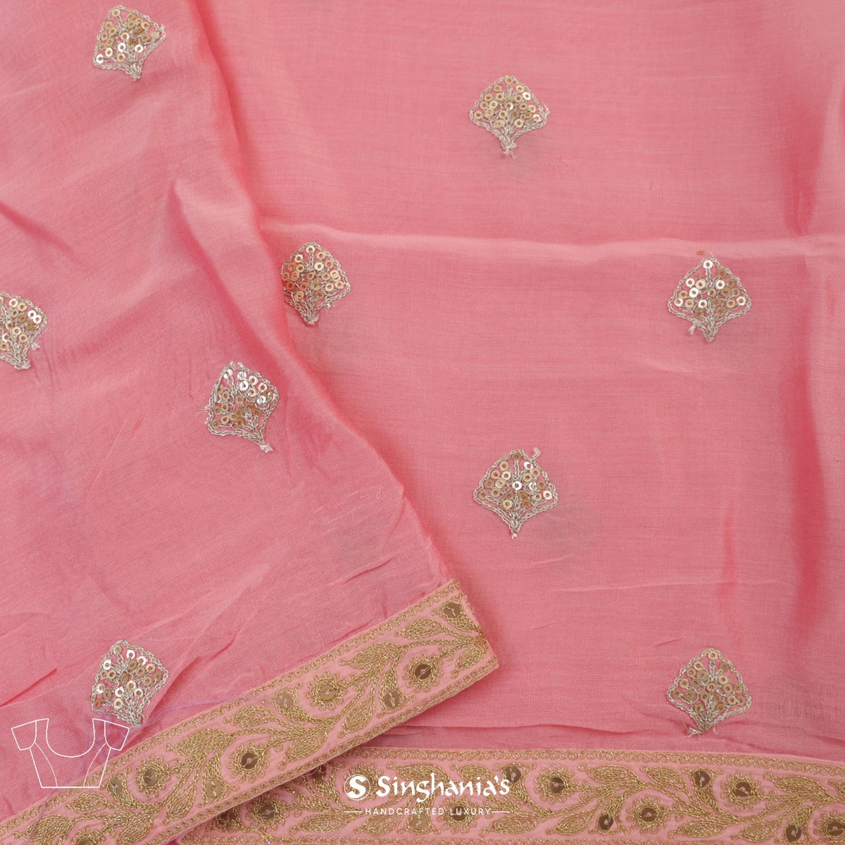 Flamingo Pink Kota Silk Saree With Bird Pattern With Thread Embroidery