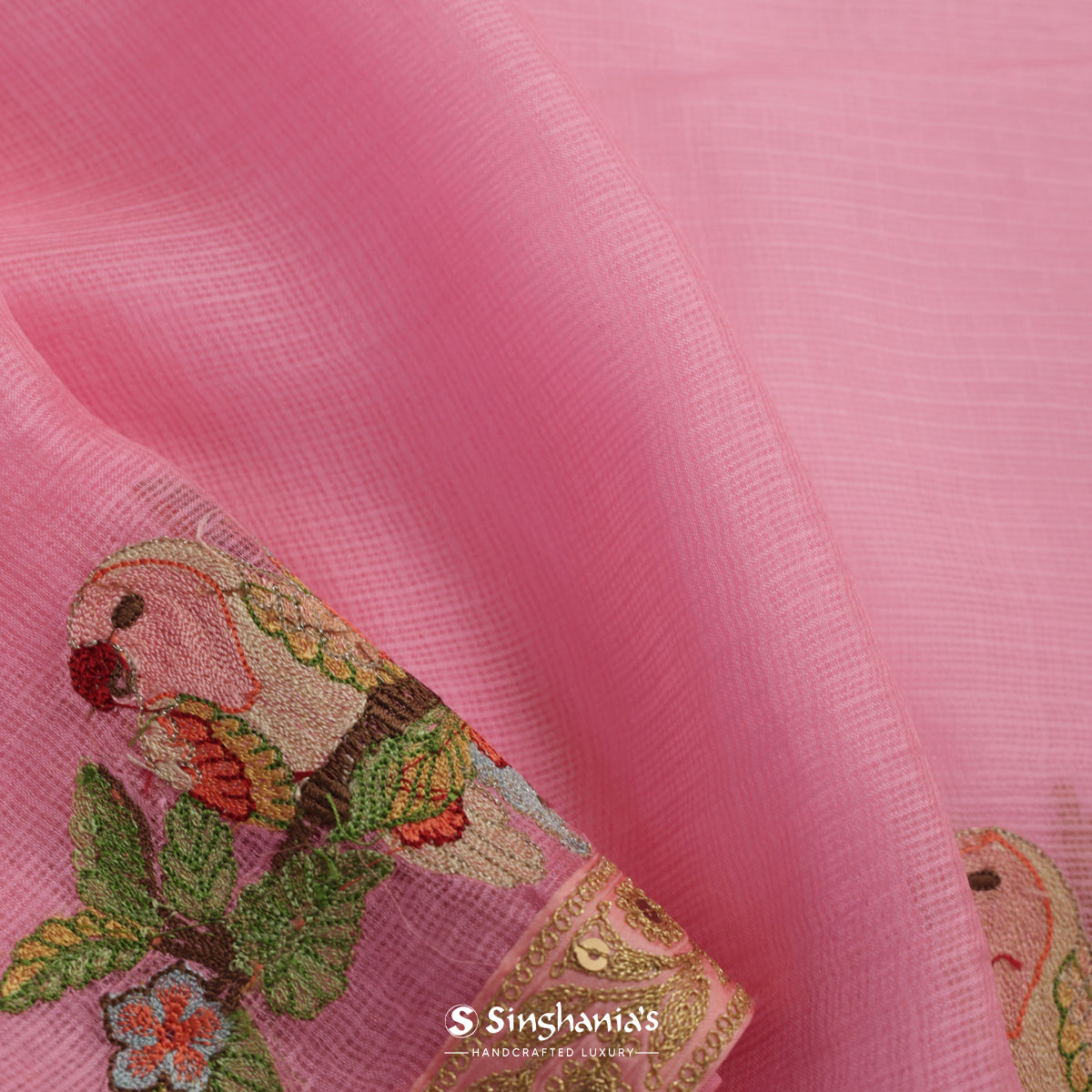 Flamingo Pink Kota Silk Saree With Bird Pattern With Thread Embroidery