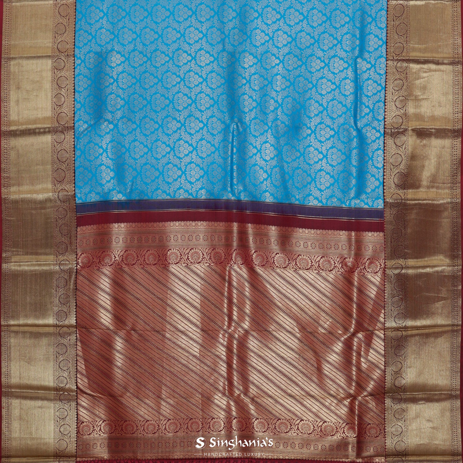 Vivid Sky Blue Kanchi Saree With Floral Butti Pattern