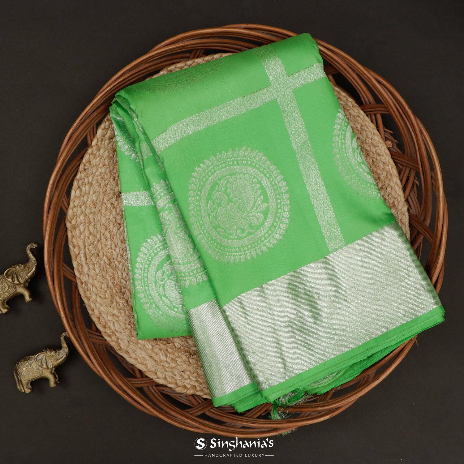 Parrot Green Kanchi Saree With Peacock Motifs In Checks Pattern