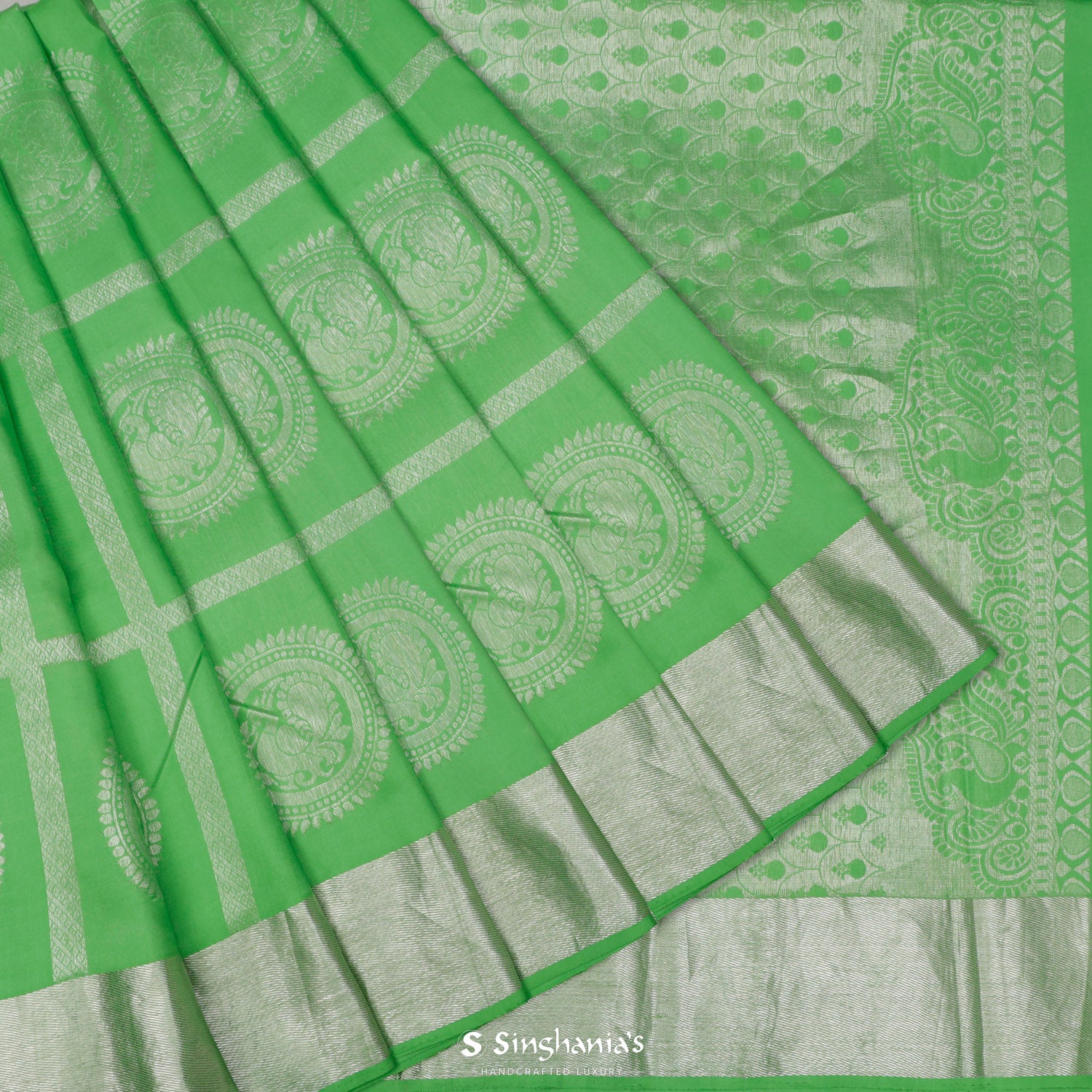 Parrot Green Kanchi Saree With Peacock Motifs In Checks Pattern
