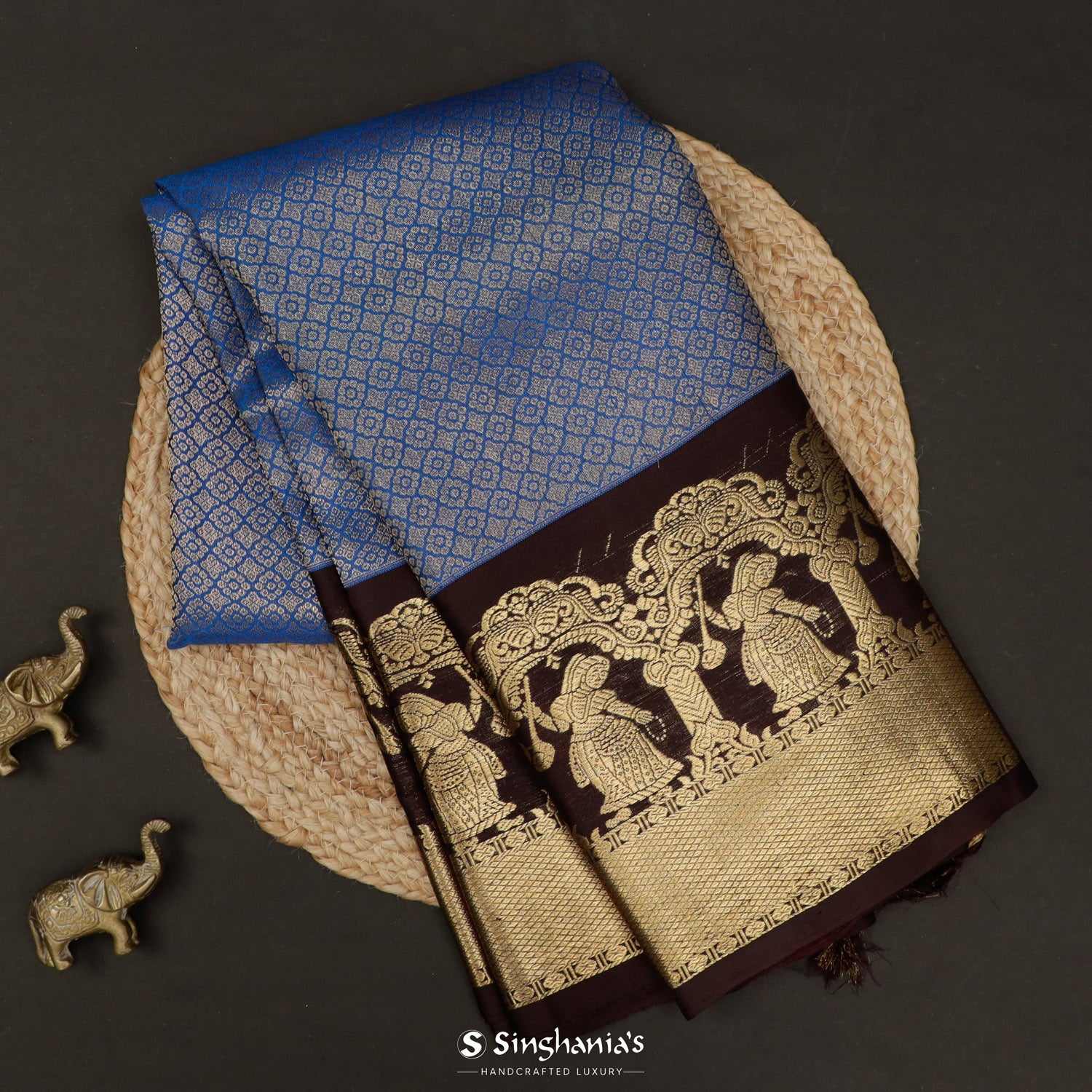 Denim Blue Kanchi Saree With Floral Brocade Pattern
