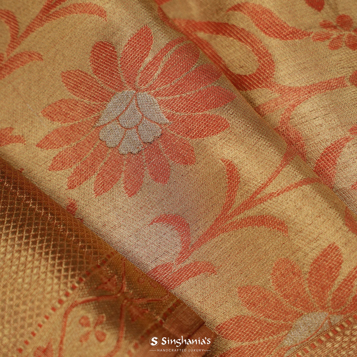 Gold Kanchi Saree With Floral Jaal Pattern