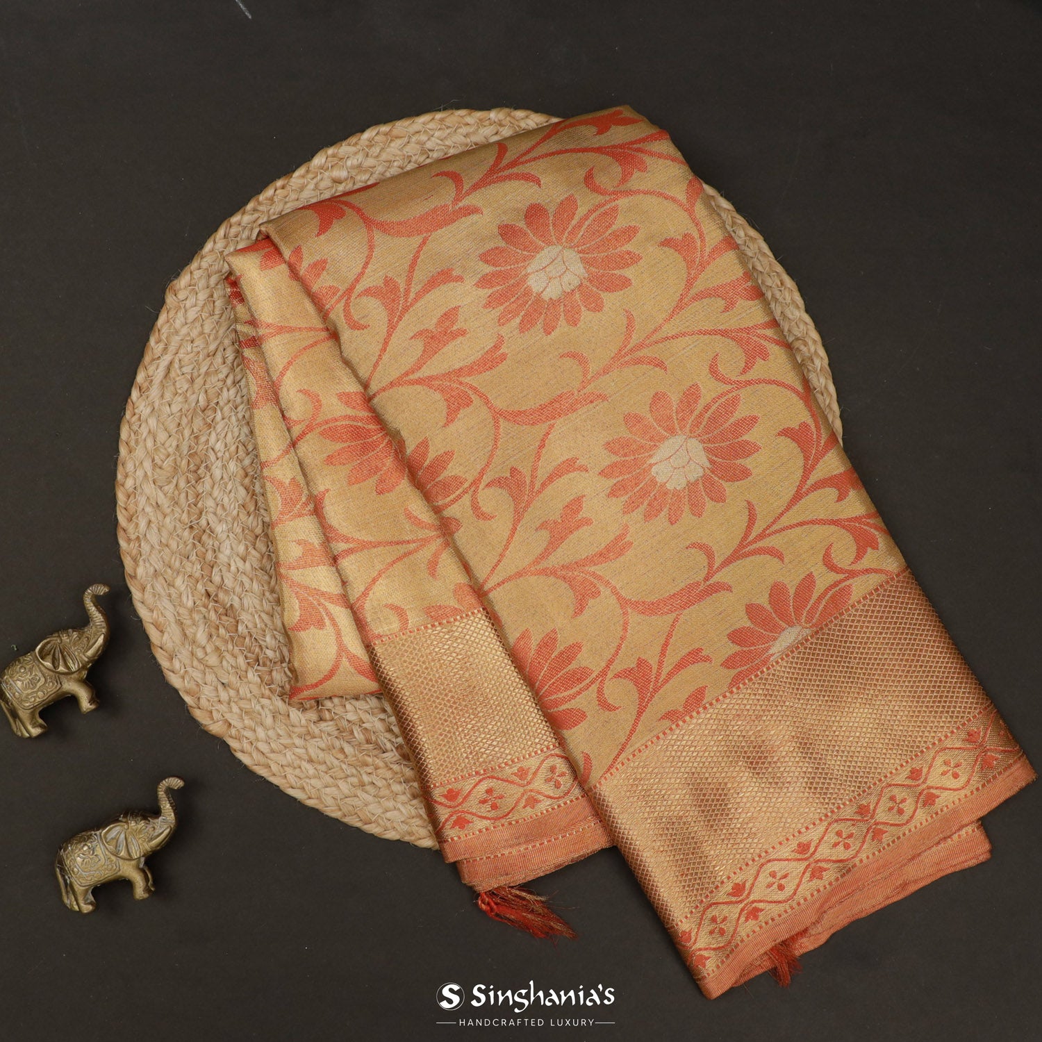 Gold Kanchi Saree With Floral Jaal Pattern