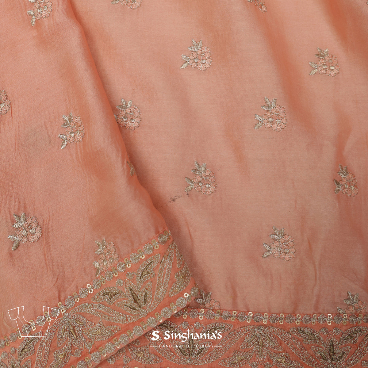 Pastel Orange Kota Silk Saree With Thread Embroidery