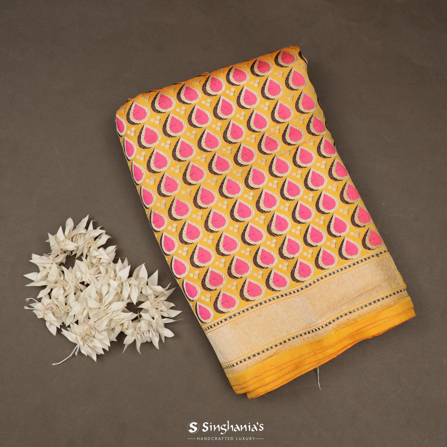 Macaroon Yellow Banarasi Saree With Floral Butta Weaving In Pallu
