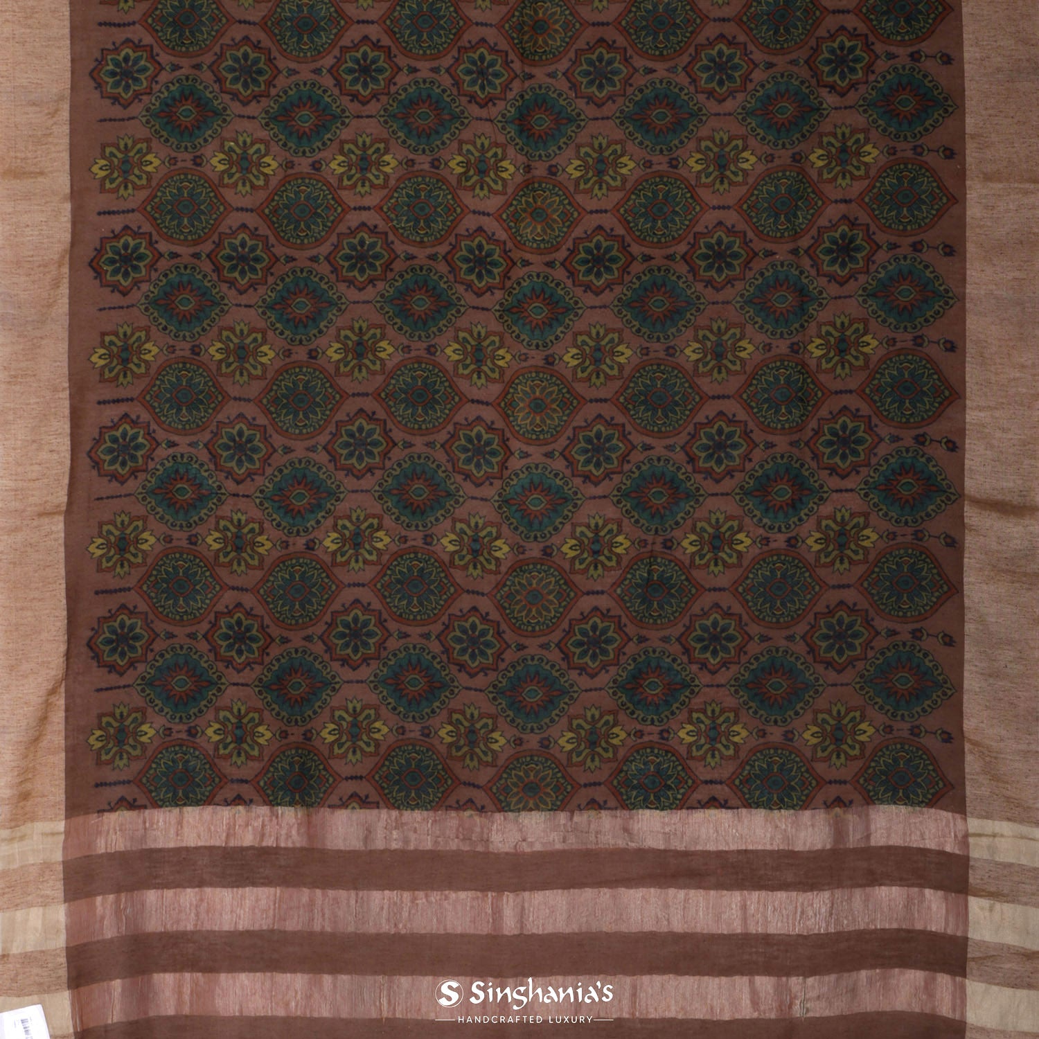 Coconut Brown Matka Silk Saree With Floral Printed Pattern