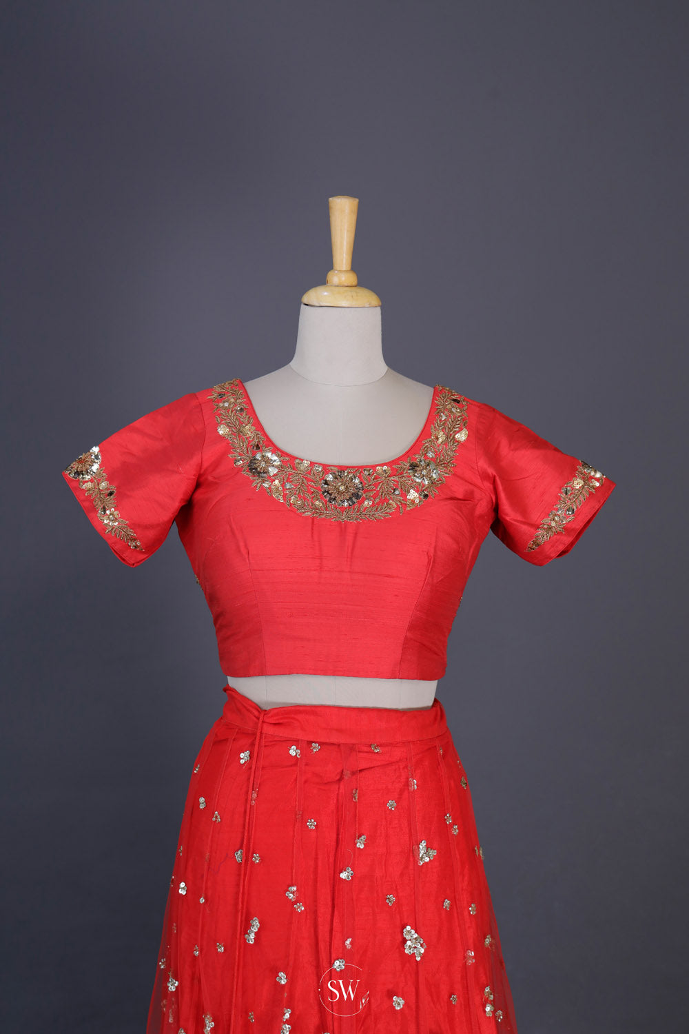 Coral Red Net Lehenga Set With Sequins Detailing
