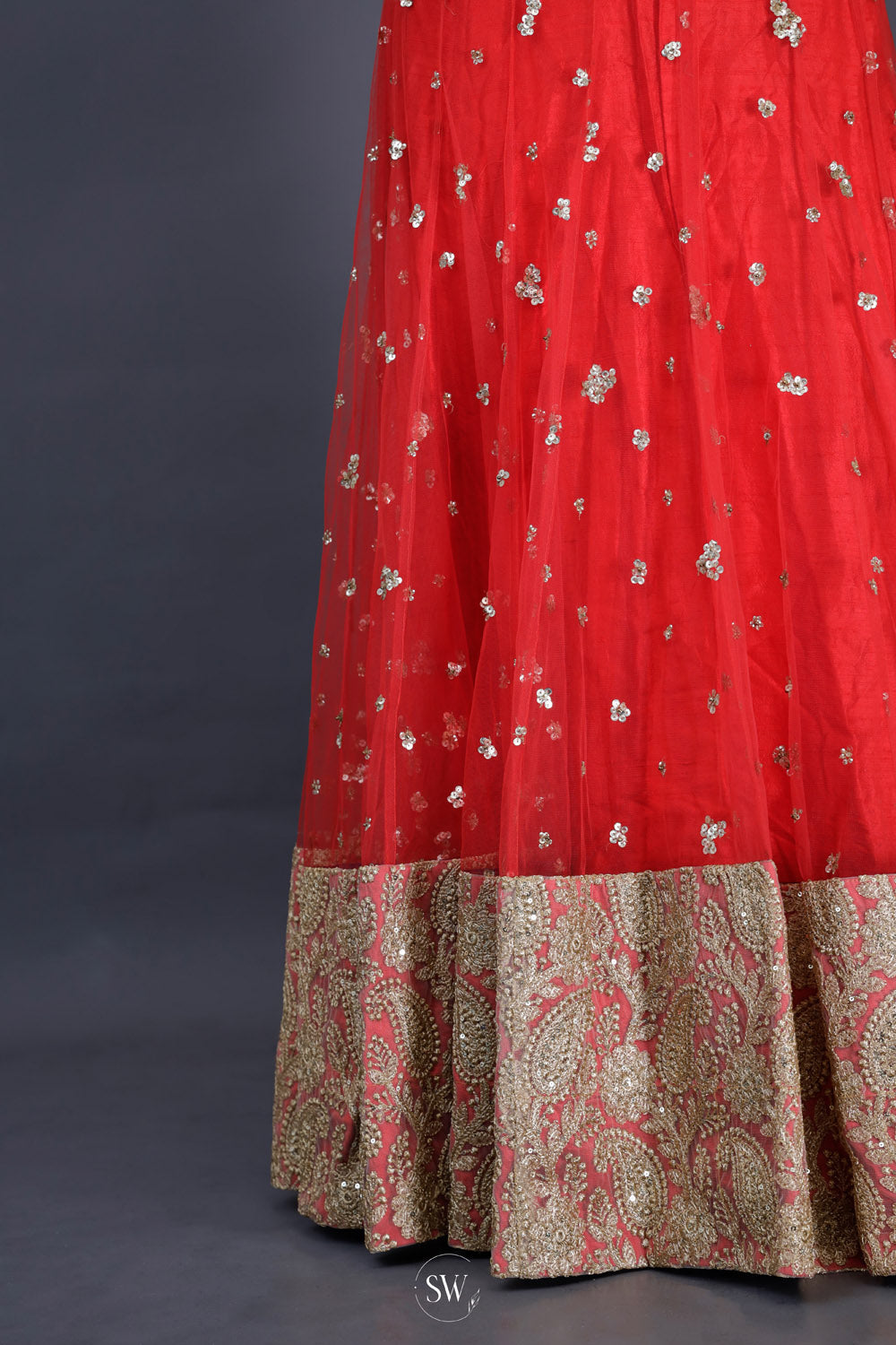 Coral Red Net Lehenga Set With Sequins Detailing