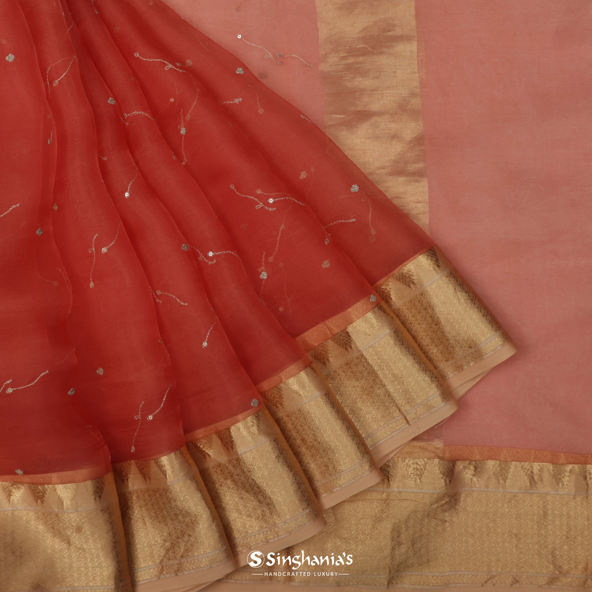 Jasper Red Organza Saree With Floral Embroidery