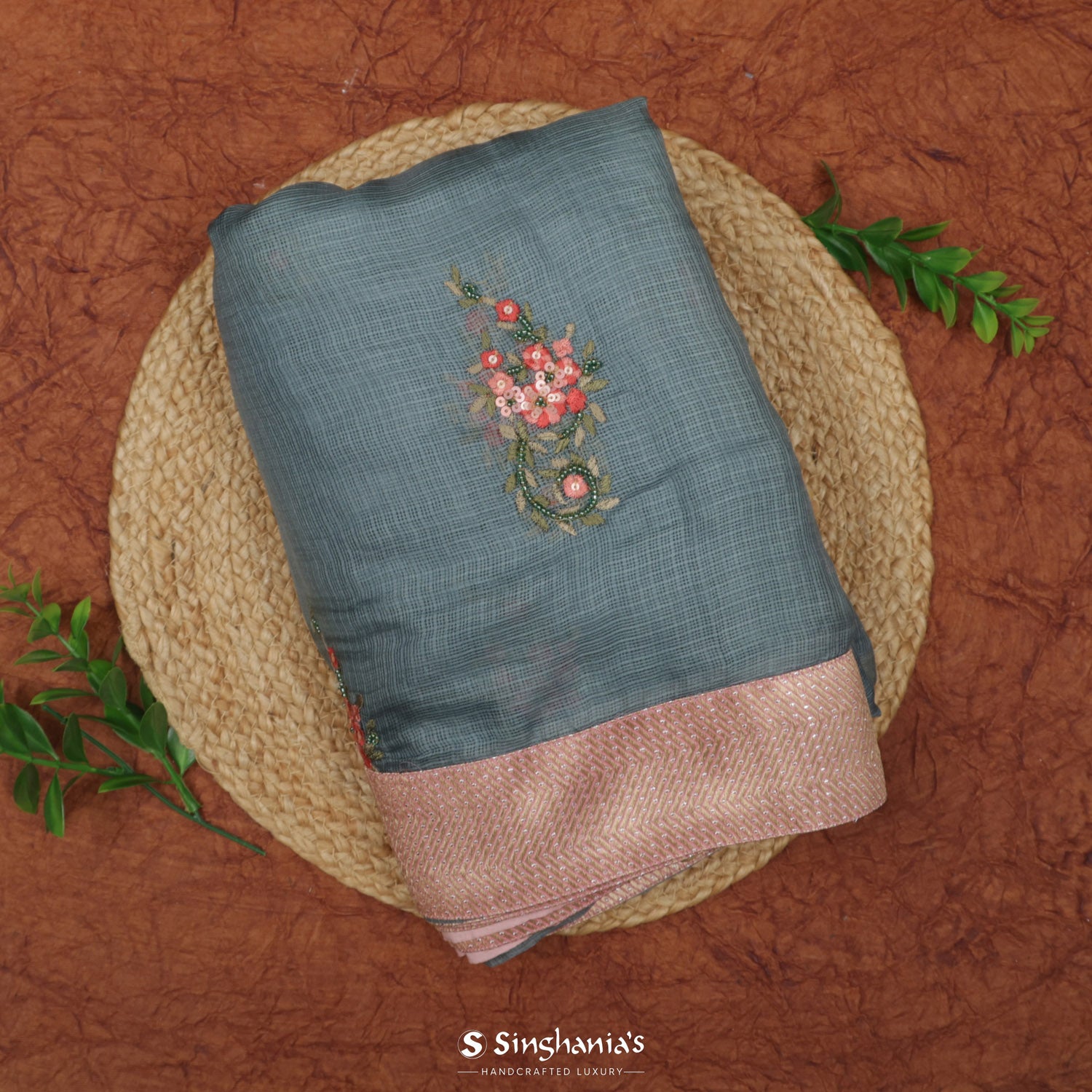 Light Slate Gray Kota Silk Saree With Floral Embroidery