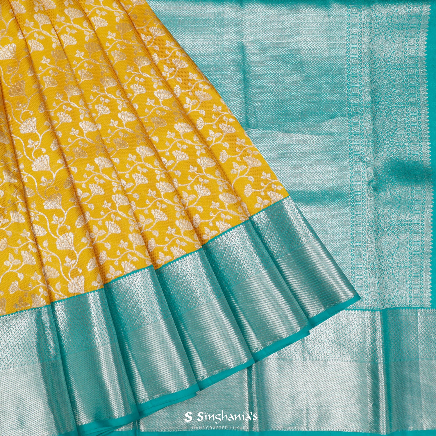 Sunglow Yellow Kanchi Saree With Floral Jaal Pattern